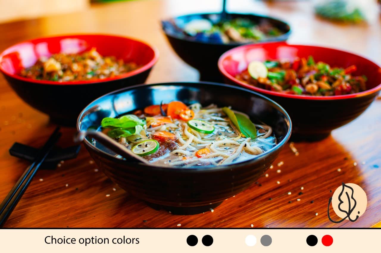 Vallenwood 4 Ramen Bowls, 12 Pieces Pho Set. All Black Asian Japanese Soup. Utensil: Spoons And Chopsticks Kit. Melamine. Large
