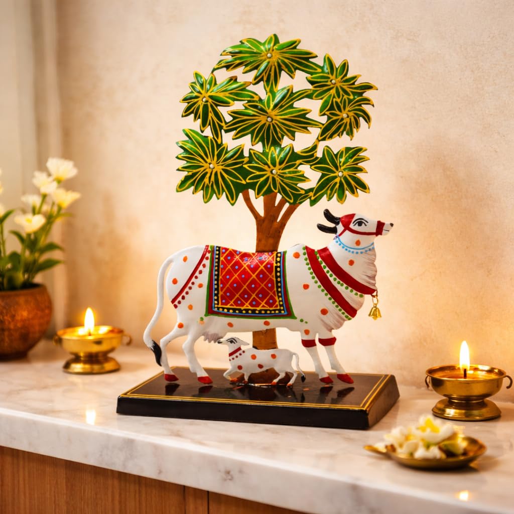 Craftvatika Kamdhenu Cow With Calf Idol For Home Decoration Items For Living Room, Tealight Candle Holder For Pooja Room, Handpa