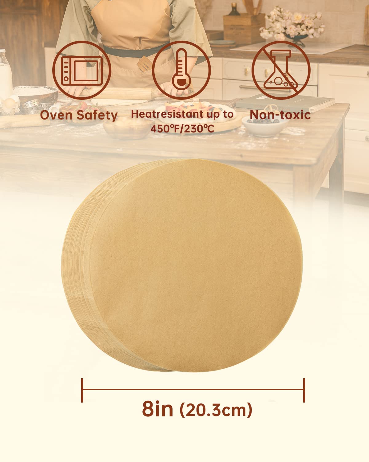 Katbite 200Pcs 8 Inch Parchment Paper Rounds, Unbleached & Non-Stick, Precut Parchment Circles For Spring Pan, Storage/Freezing