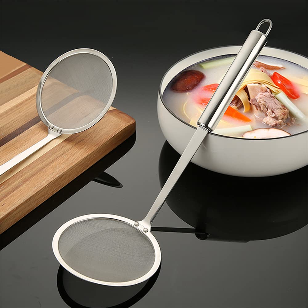 Reton 2 Pcs Hot Pot Fat Skimmer Spoon, 304 Stainless Steel Fine Mesh Strainer With Long Handle, Small Fine Mesh Food Strainer Fo