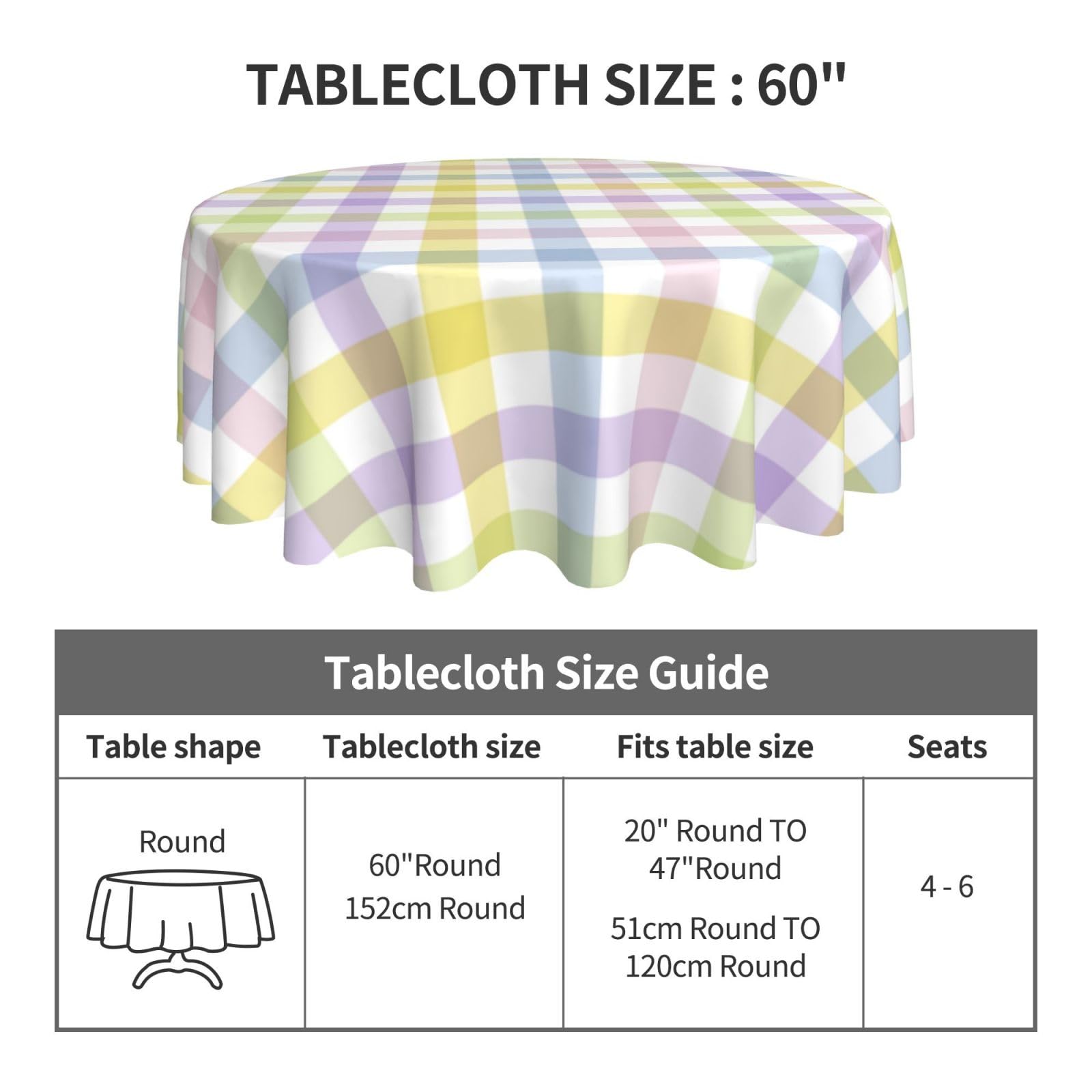 BETGINY Easter Checkered Tablecloth 60 Inch Round Colorful Plaid Table Cloth Washable Wrinkle Resistant Rainbow Spring Table Cov