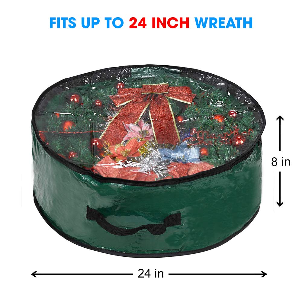 Propik Christmas Wreath Storage Bag 24'' - Garland Holiday Container With Clear Window - Tear Resistant Fabric - 24'' X 24'' X 8