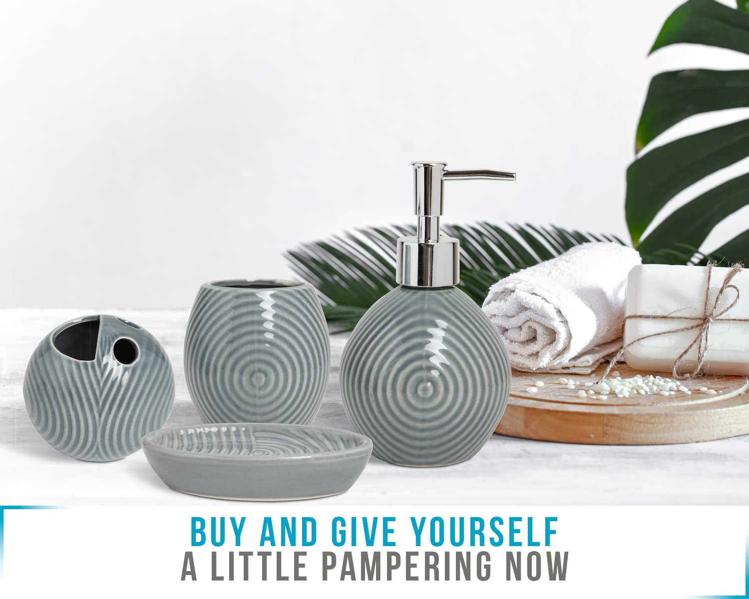 Designer 4-Piece Bathroom Accessory Set - Ceramic Bath Set W/Liquid Soap Or Lotion Dispenser, Toothbrush Holder, Tumbler And Soa