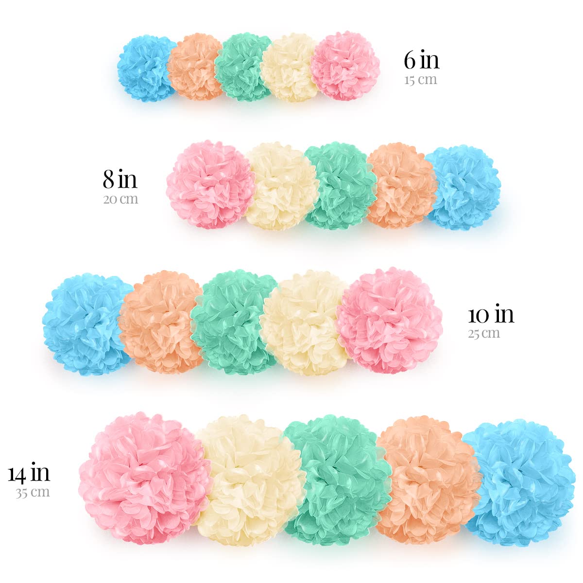 Avoseta Pastel Tissue Paper Pom Poms - Set Of 20 - Sizes Of 6'', 8'', 10'', 14'' - Paper Flower Party Decorations For Birthdays,