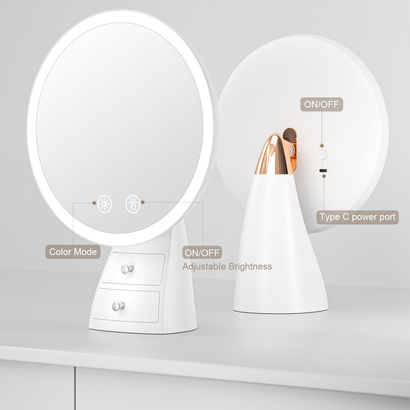 Kuflooq Lighted Makeup Mirror With Organizer, Rechargeable Tabletop Basics Makeup Mirror, Round Vanity Mirror With Lights, 3 Col