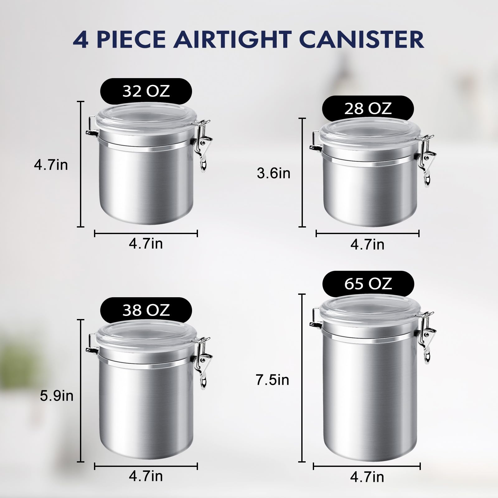Enloy 4-Piece Stainless Steel Airtight Food Storage Canister Set With Clear Lid, Containers Sets For Kitchen Counter For Sugar,