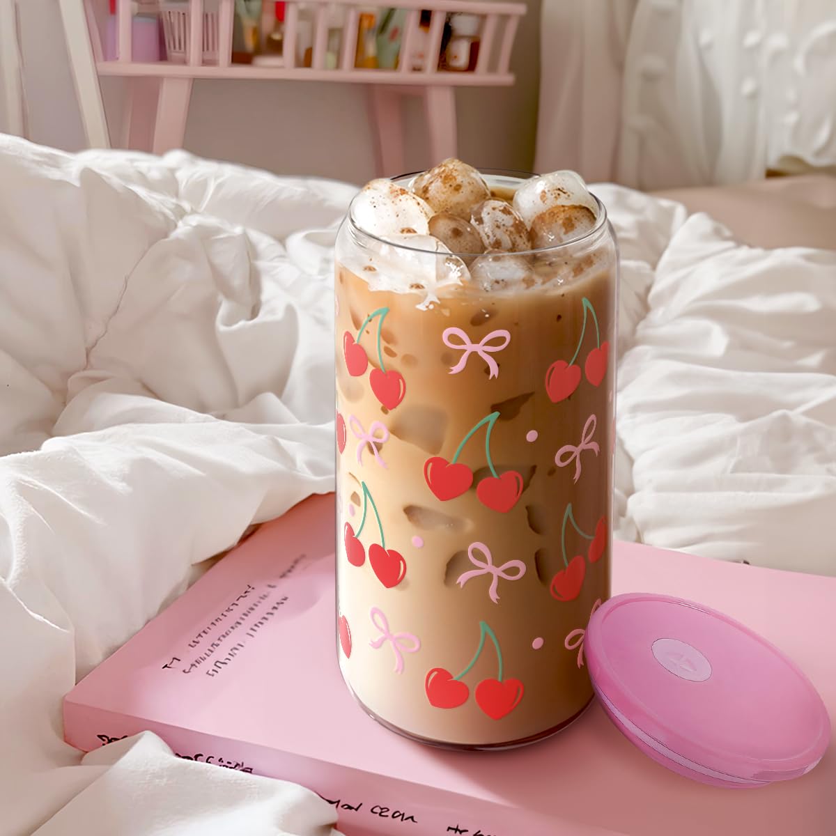 Cherry 16 Oz Can Glass Tumbler with Acrylic Lid and Straw - Iced Coffee Cups for Women, Aesthetic Glass Cup Gift for Birthday Ch