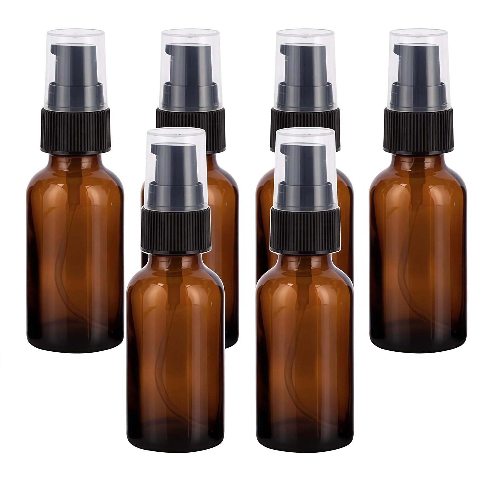 TUPANDY 6PCS 30ml/1oz Amber Glass Lotion Pump Bottles Empty Refillable Cosmetic Makeup Travel Size Pump Dispenser Container Jars