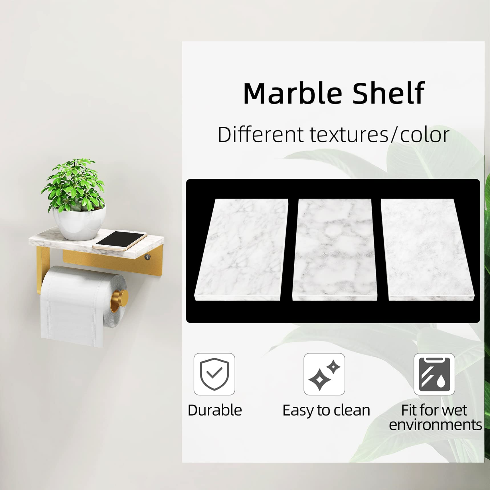 Brushed Gold Toilet Paper Holder with Natural Marble Shelf  304 Stainless Steel Screw Wall Mounted  Tissue Roll Paper Holder Dispenser for Bathroom Washroom