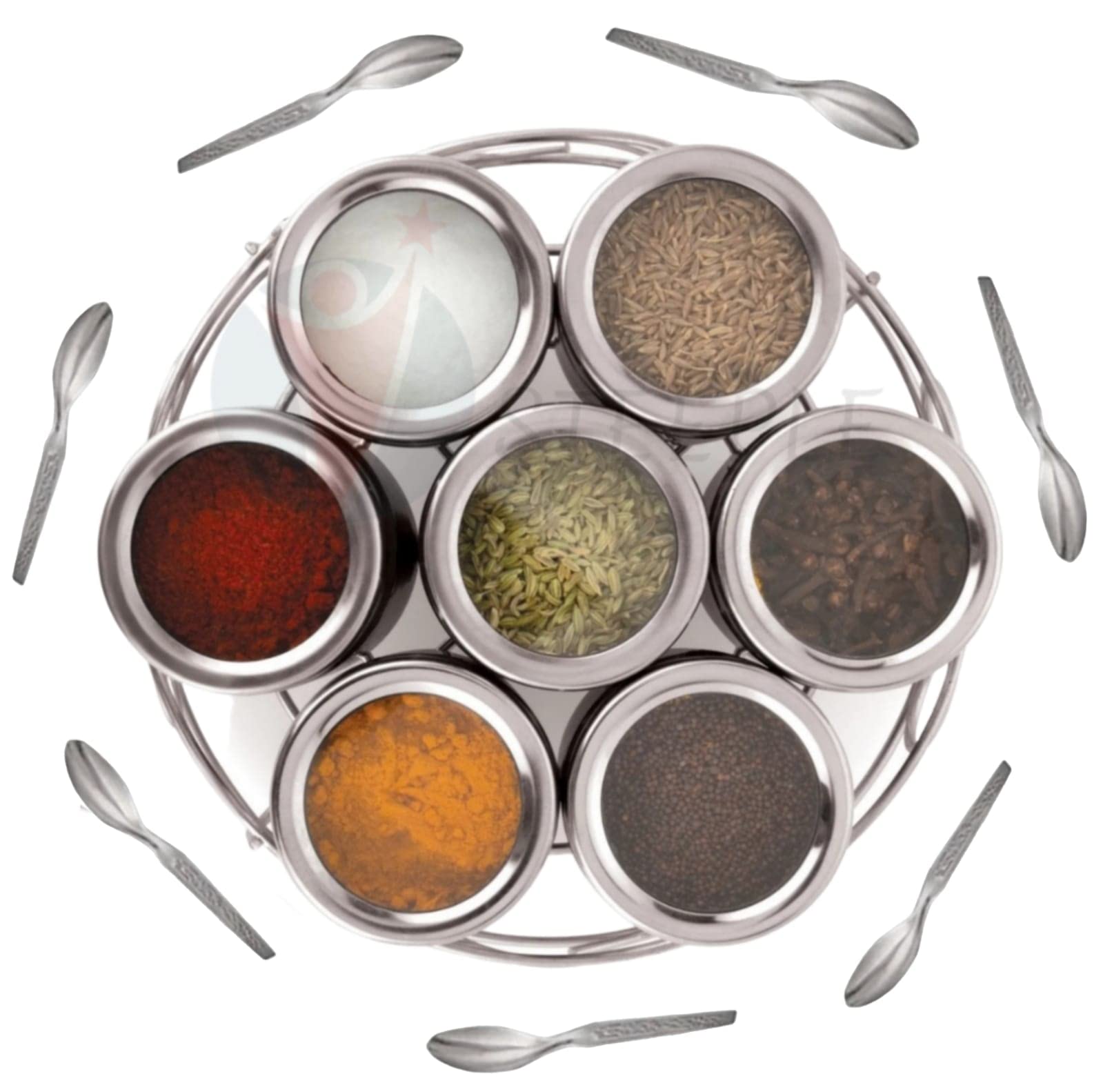 Steeple Spice Container Set  7 Steel Masala Boxes With Transparent Top 190 Ml Each Container