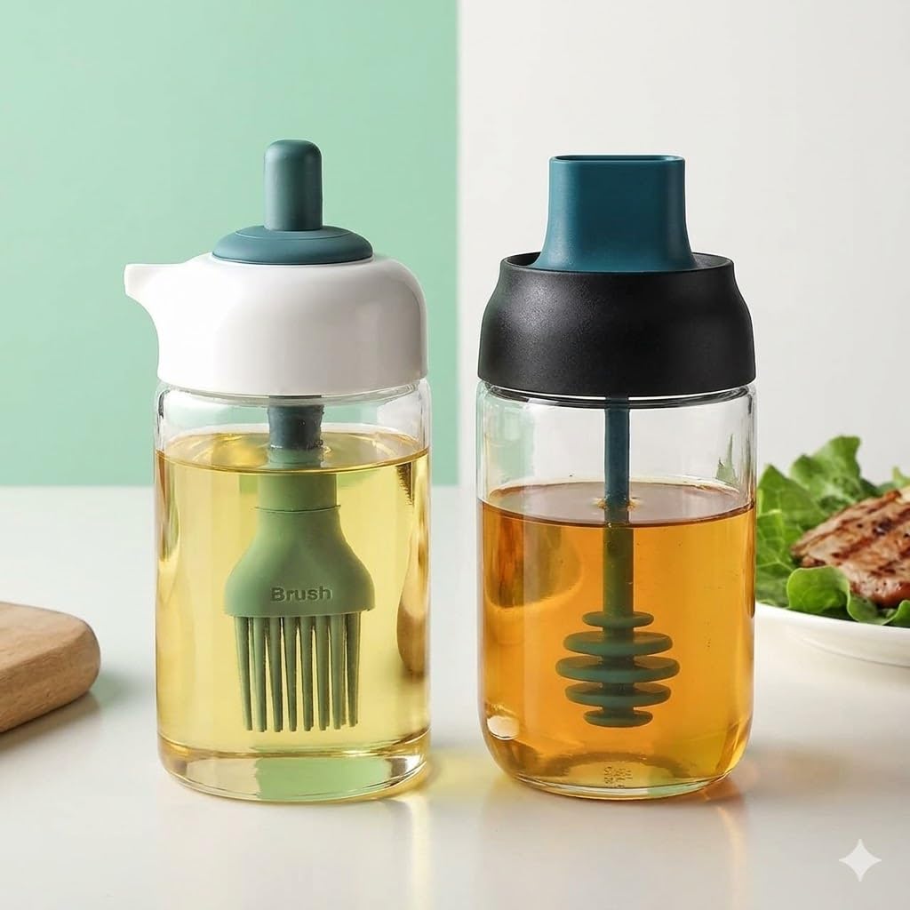 (Pack Of 2 Bottle) Oil And Honey Bottle With Silicone Brush, Glass Dispenser Jar, 2In1 Kitchen Tool