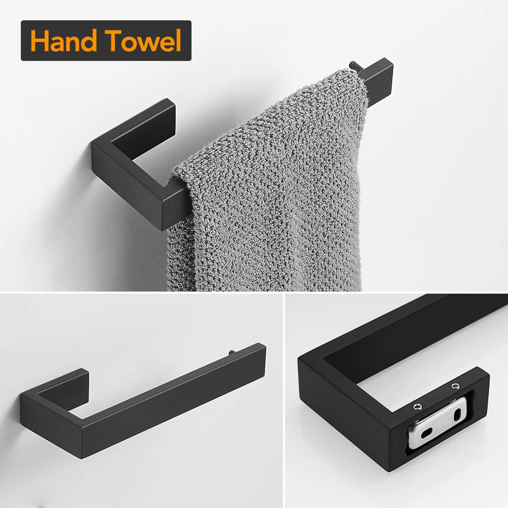 BESy 4 Piece Bathroom Accessories Set (23.6'' Towel Bar  Hand Towel Holder Towel Rack  Toilet Paper Holder  Double Towel Hooks)  Wall Mounted Bath Hardware Fixtures Set  Stainless Steel/Matte Black