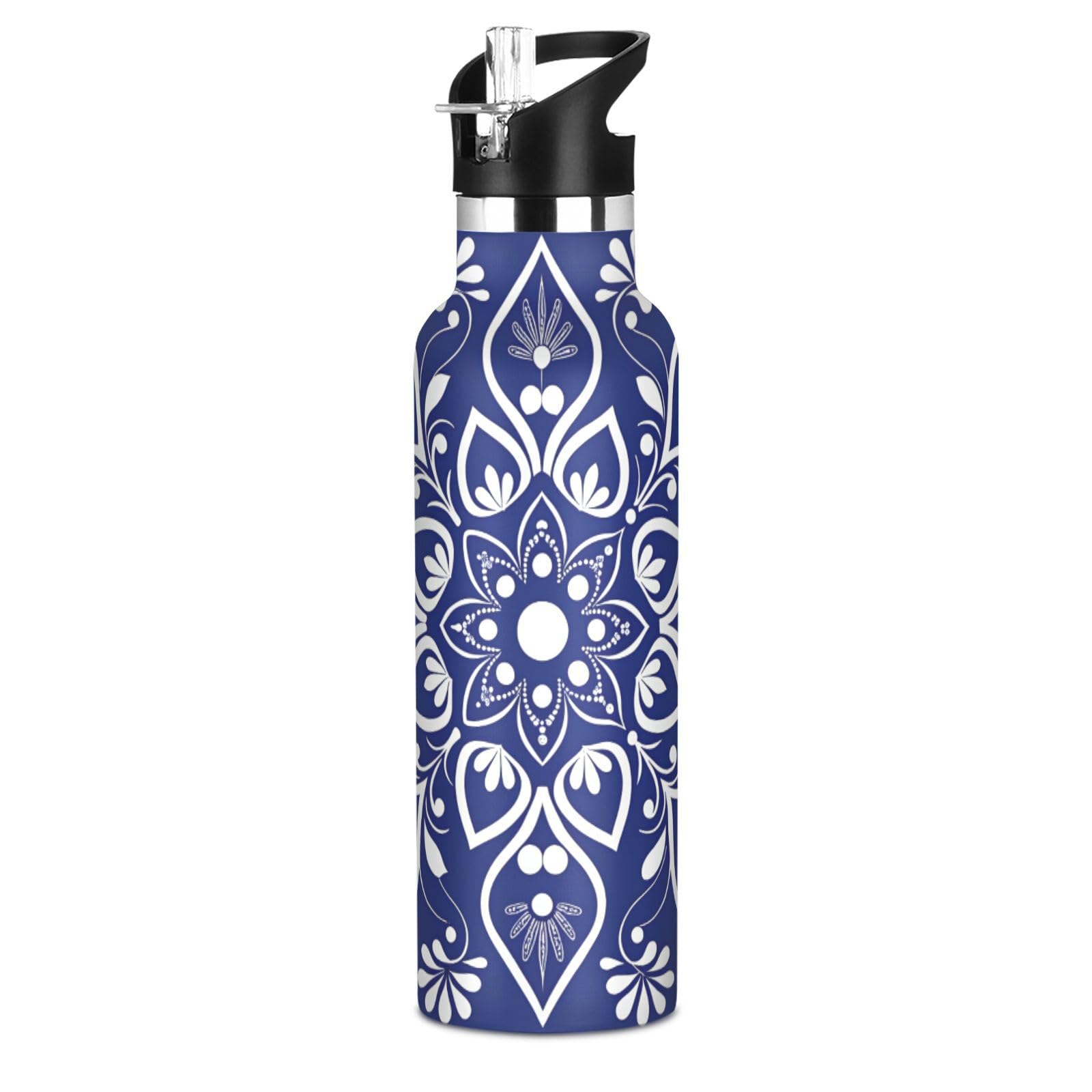 FLildon 20oz Water Bottle with Straw Lid, Blue Mexican Talavera Stainless Steel Sport Water Bottle LeakProof DoubleWall Vacuum