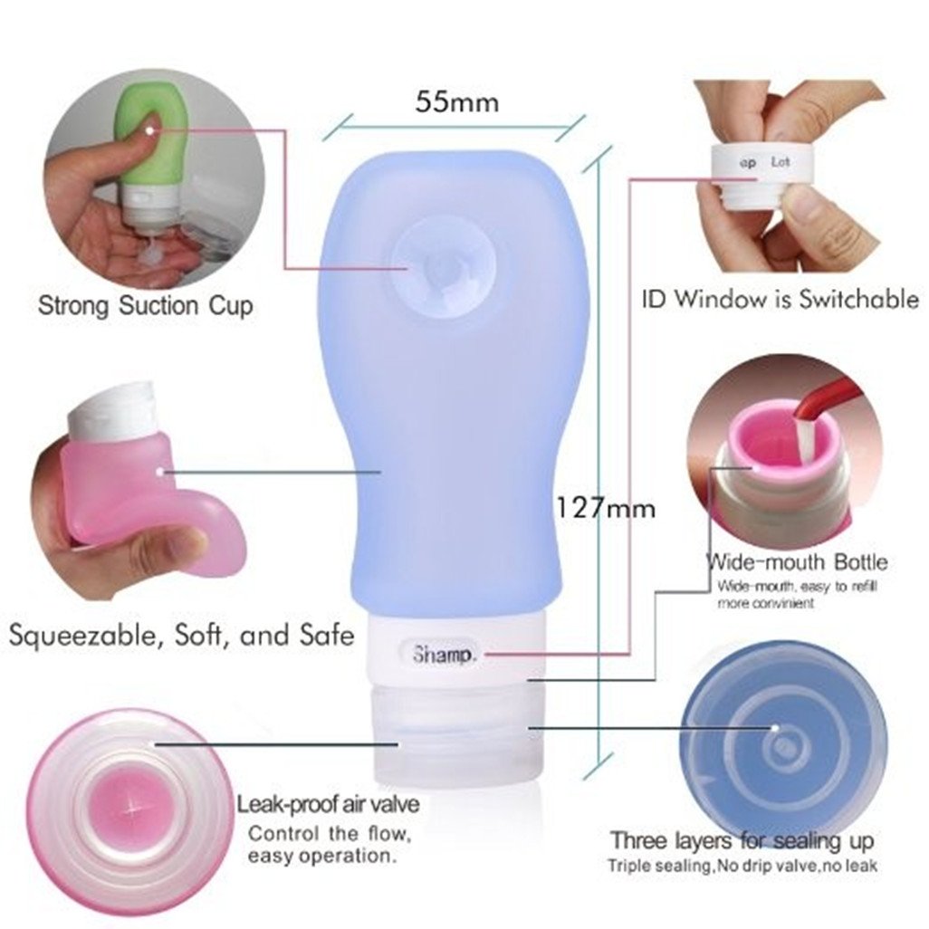 FNSHIP 4 Pack Sucker type Portable Food Grade Squeeze Silicone Liquid Travel Bottles TSA Approved For Shampoo, Conditioner, Loti