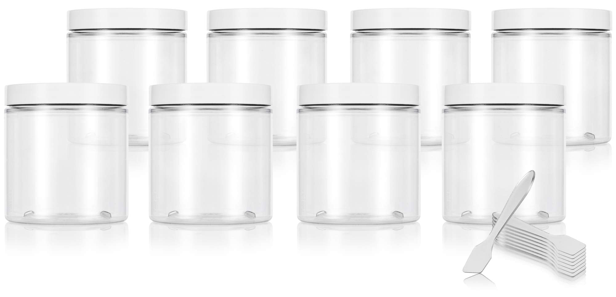 Juvitus 8 Oz Clear Pet Plastic Jar With White Smooth Lid (8 Pack) + Spatulas