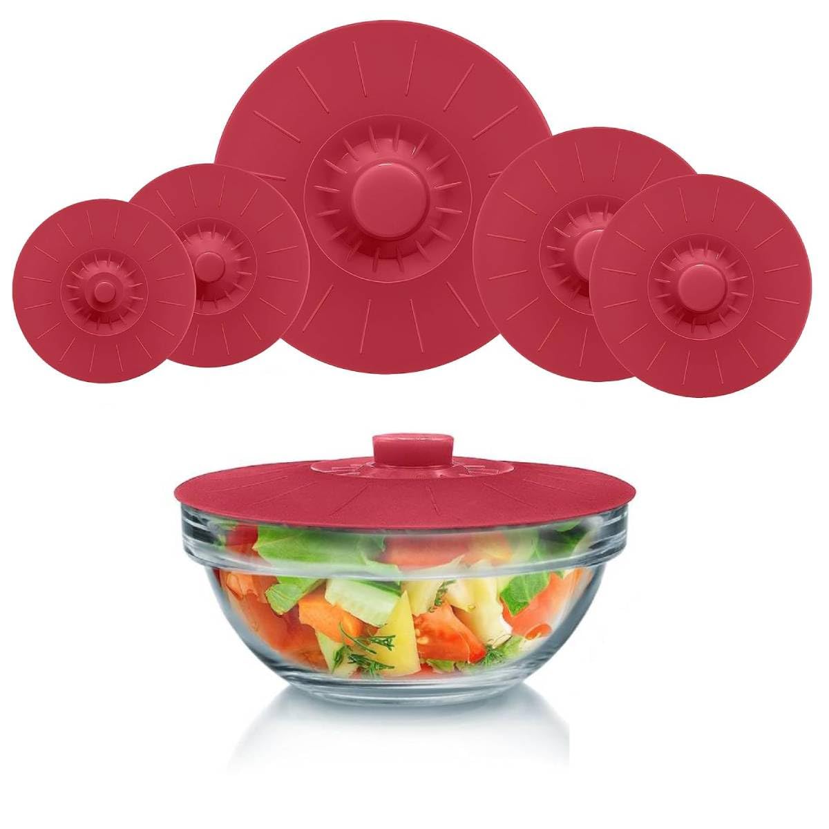 Hasthip Silicone Bowl Covers (5 Sizes) - Microwave Safe, Food Grade Silicone Lids For Bowls & Pots - Red