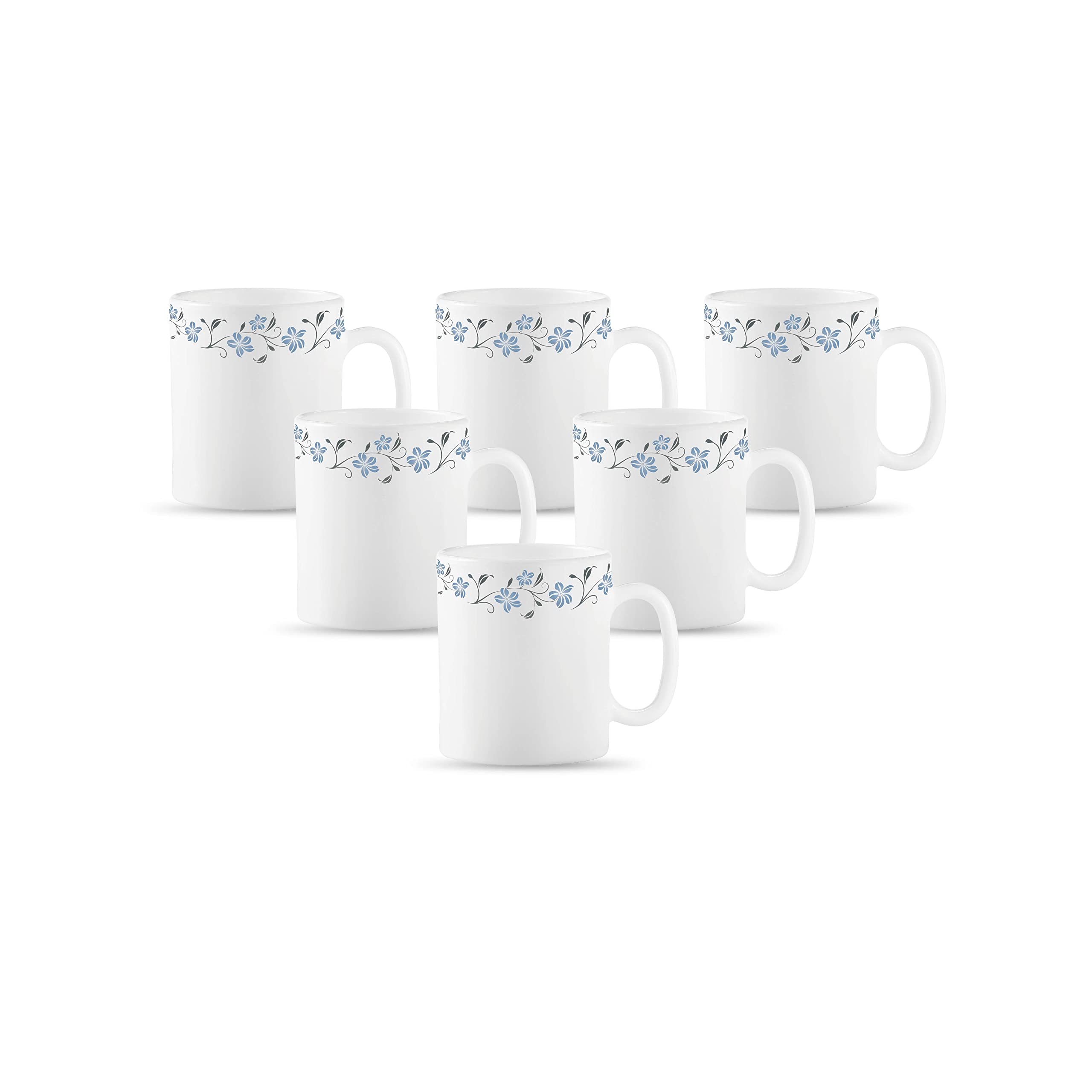 La Opala Diva, Opal Glass Coffee Mug Set Cylinder Regular 6 pcs, Grace Blue, White, Standard