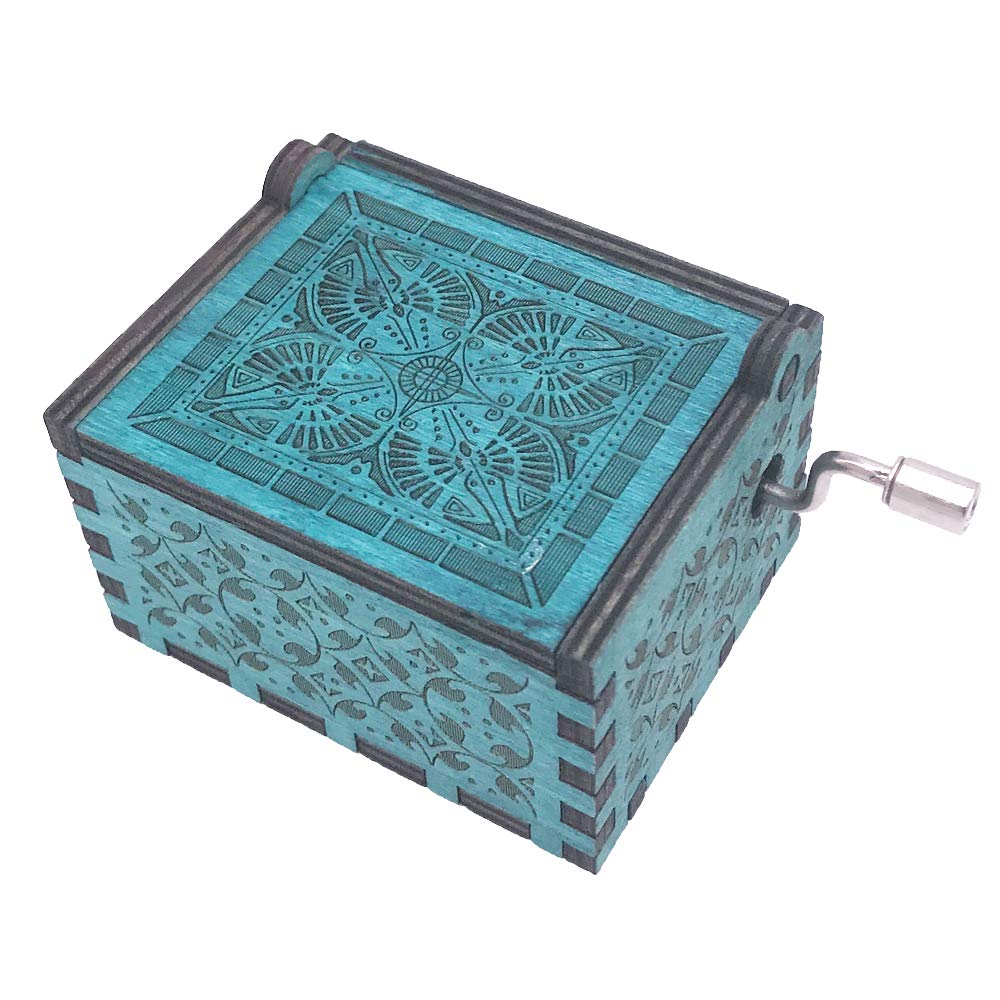 Youtang Beauty and The Beast Music Box Hand Crank Musical Box Carved Wooden,Play Beauty and The Beast Theme,Blue