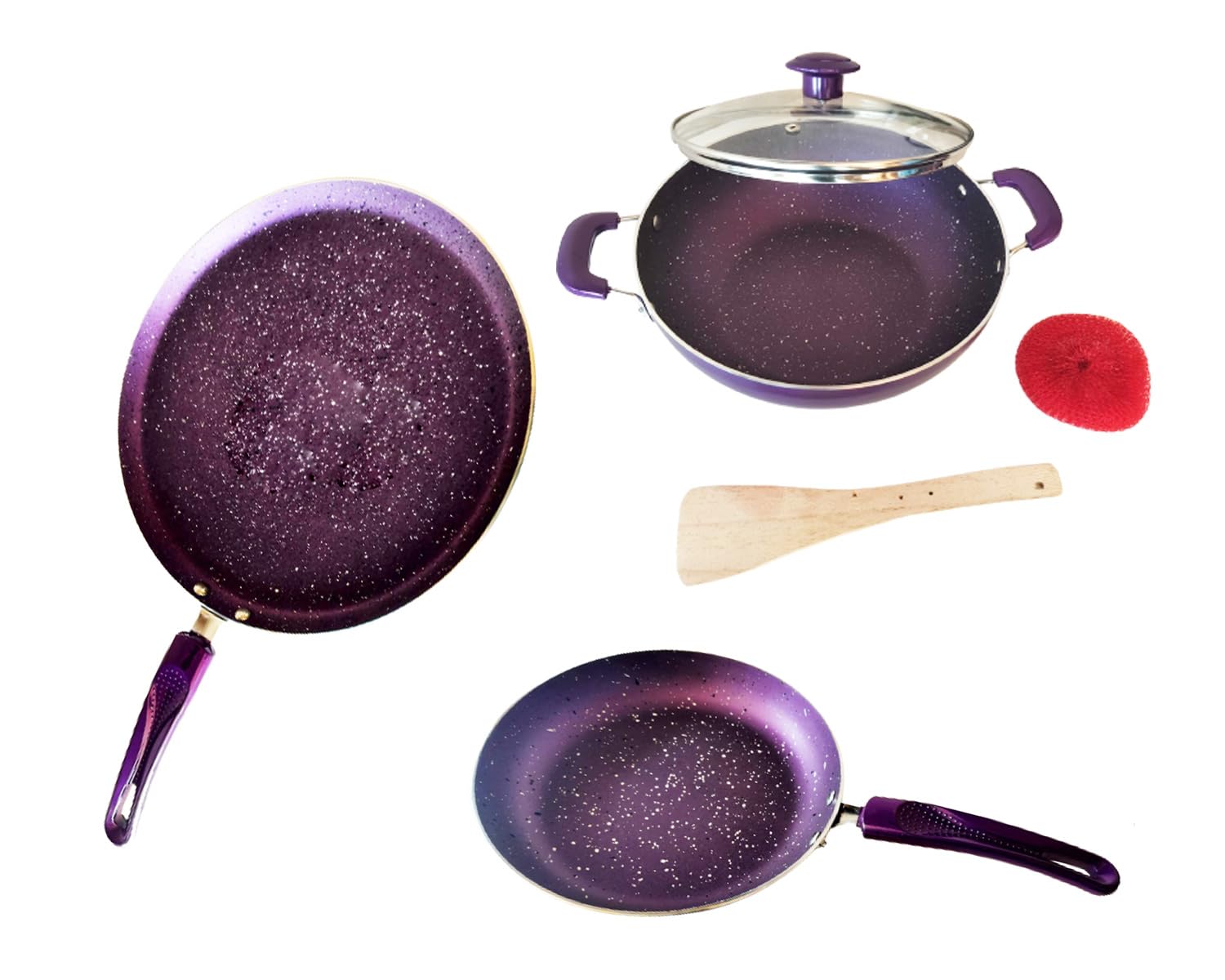 NonStick Aluminium Induction Base Dosa Pan, Fry Pan and Kadhai with Glass Lid Set of 3  Purple