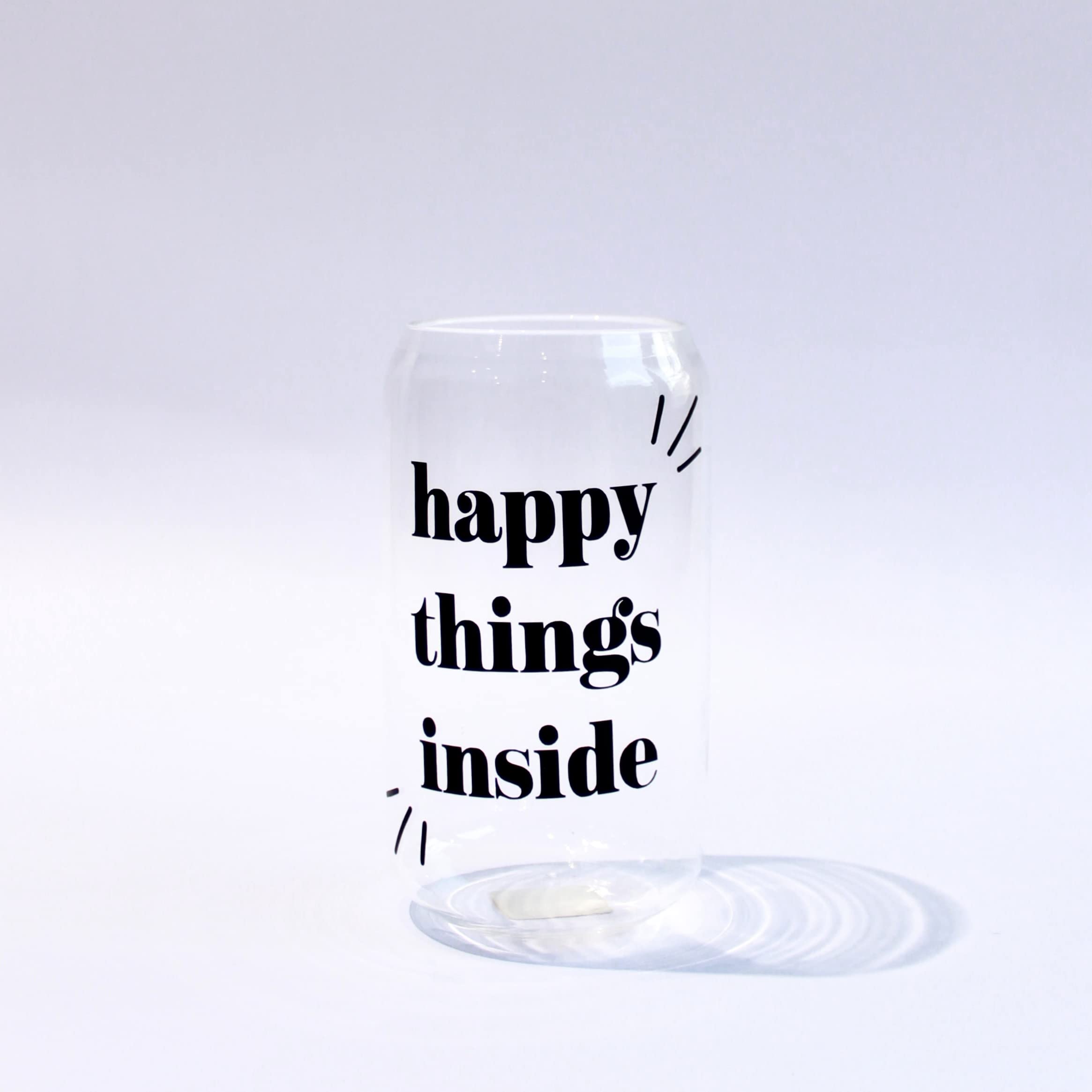 1219 AVENUE Borosilicate 500ml Can Shaped Glass Printed18oz Can Glass with lid and Straw (Happy Things Inside - Black)