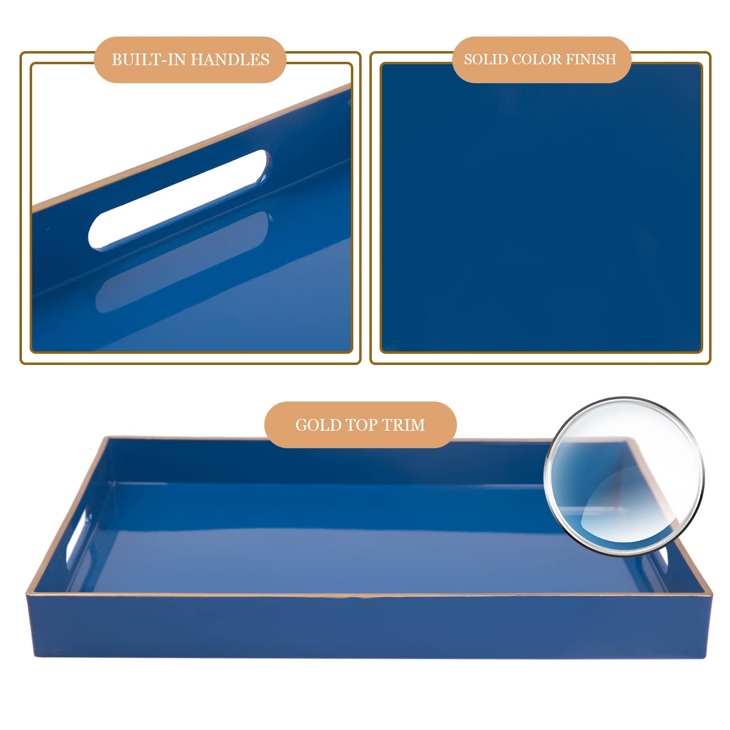 MAONAME Royal Blue Serving Tray with Handles  Rectangular Decorative Tray  Modern Coffee Table Tray  Plastic Ottoman Tray for Bathroom  Decor  15.7