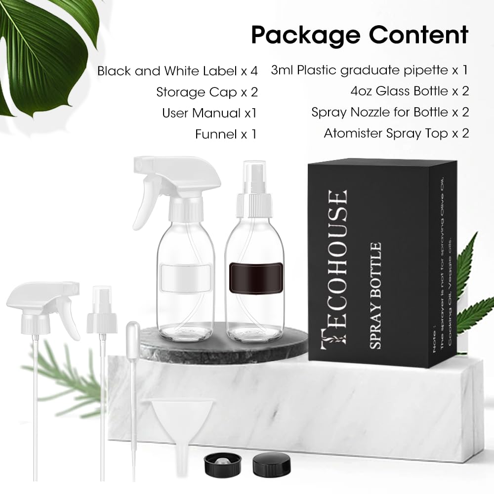 Tecohouse Glass Spray Bottles 4 Oz, Empty Small Spray Bottles 2 Pack For Essential Oils, Cleaning Solutions, Plants, Hair Mister
