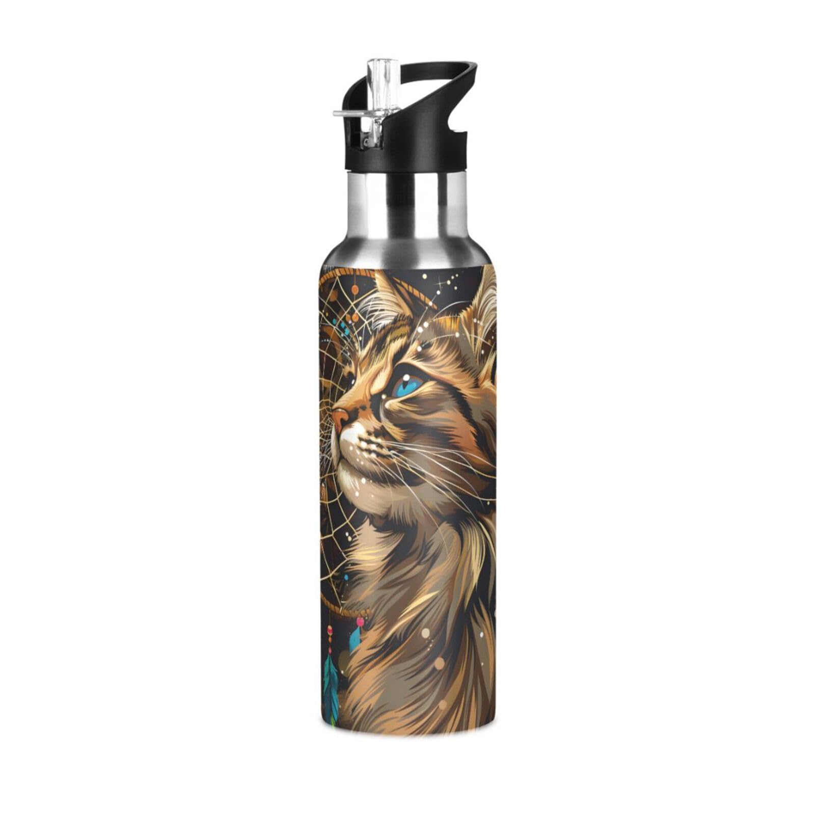 Cat Dream Catcher Boho Black Water Bottles for Boys Kids Bottle Cups with Straw Lid Insulated Stainless Steel Leakproof Water Fl