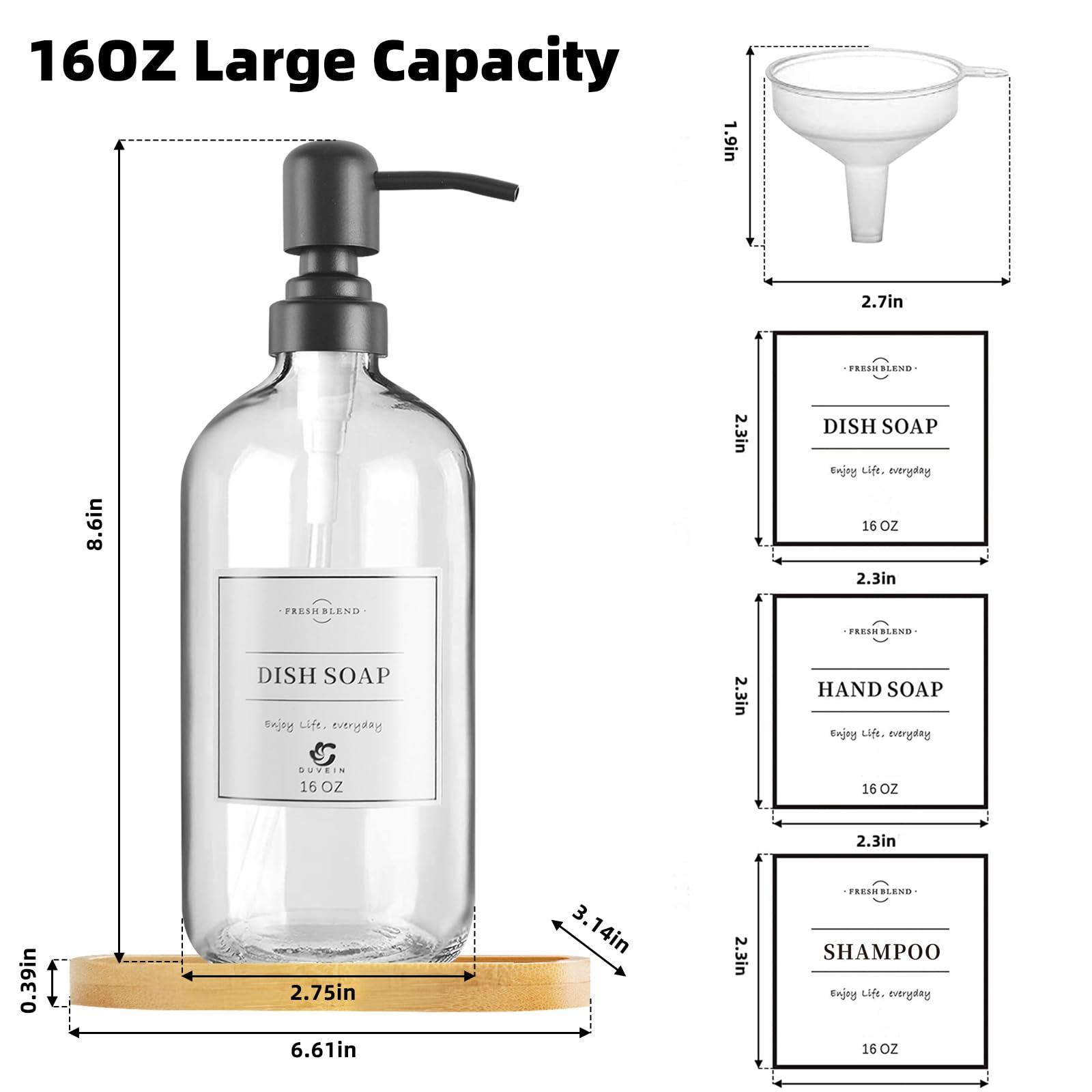 Duvein 2 Pack Clear Glass Soap Dispenser Refillable Bottles With Bamboo Tray For Kitchen Bathroom Soap Hand Soap Lotion Conditio