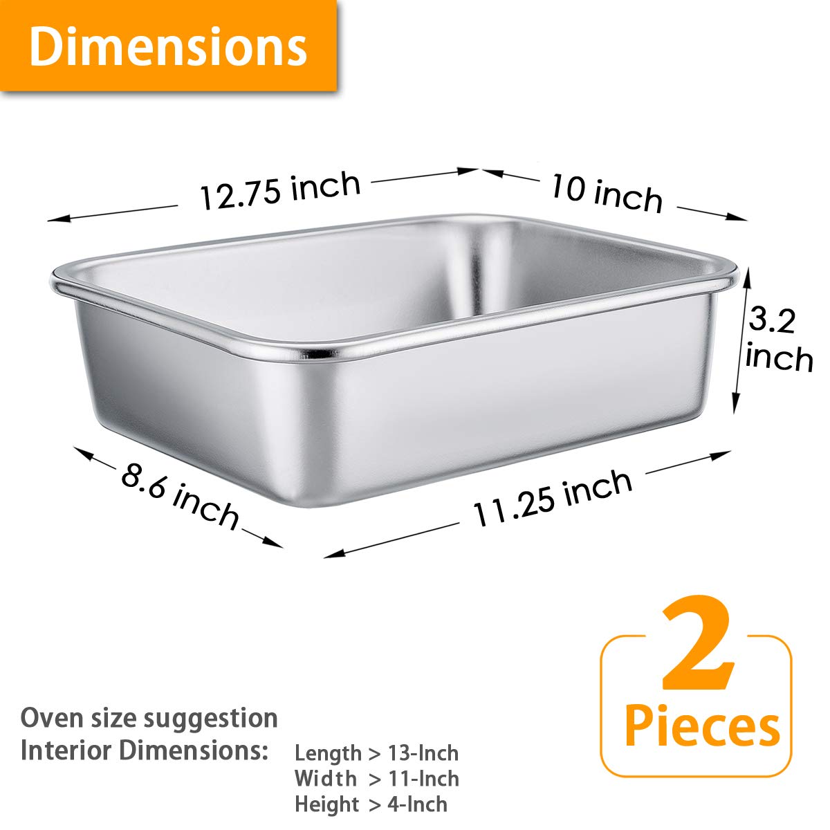 P&P Chef 12.7-Inch Lasagna Baking Pan Set Of 2, Stainless Steel Deep Roasting Pans For Brownie, Bread, Meat, Deep Dish & Round C
