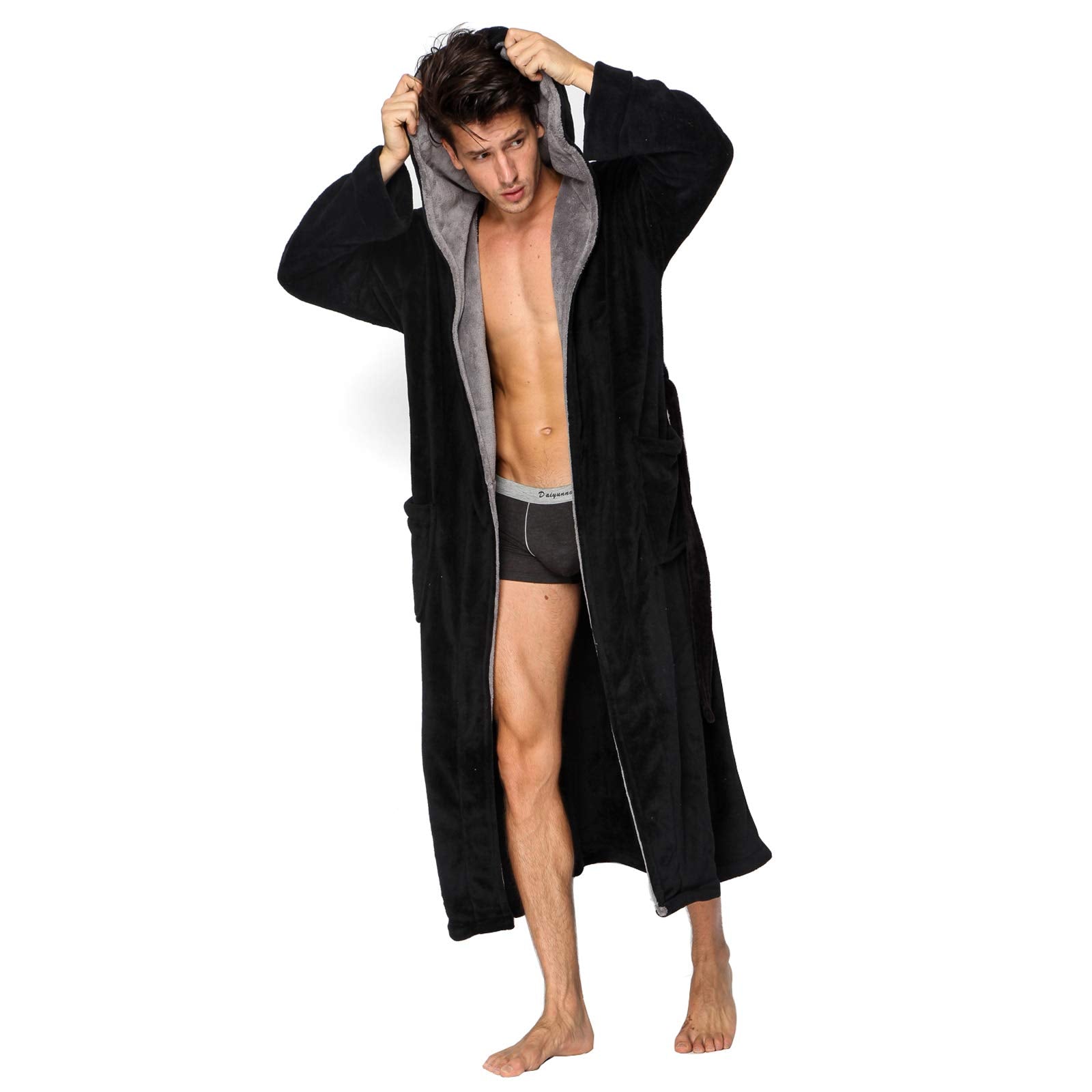 Kemusi Hooded Herringbone Mens Black Soft Spa Full Lenght Bathrobe With Grey Kimono Shawl Collar(M)