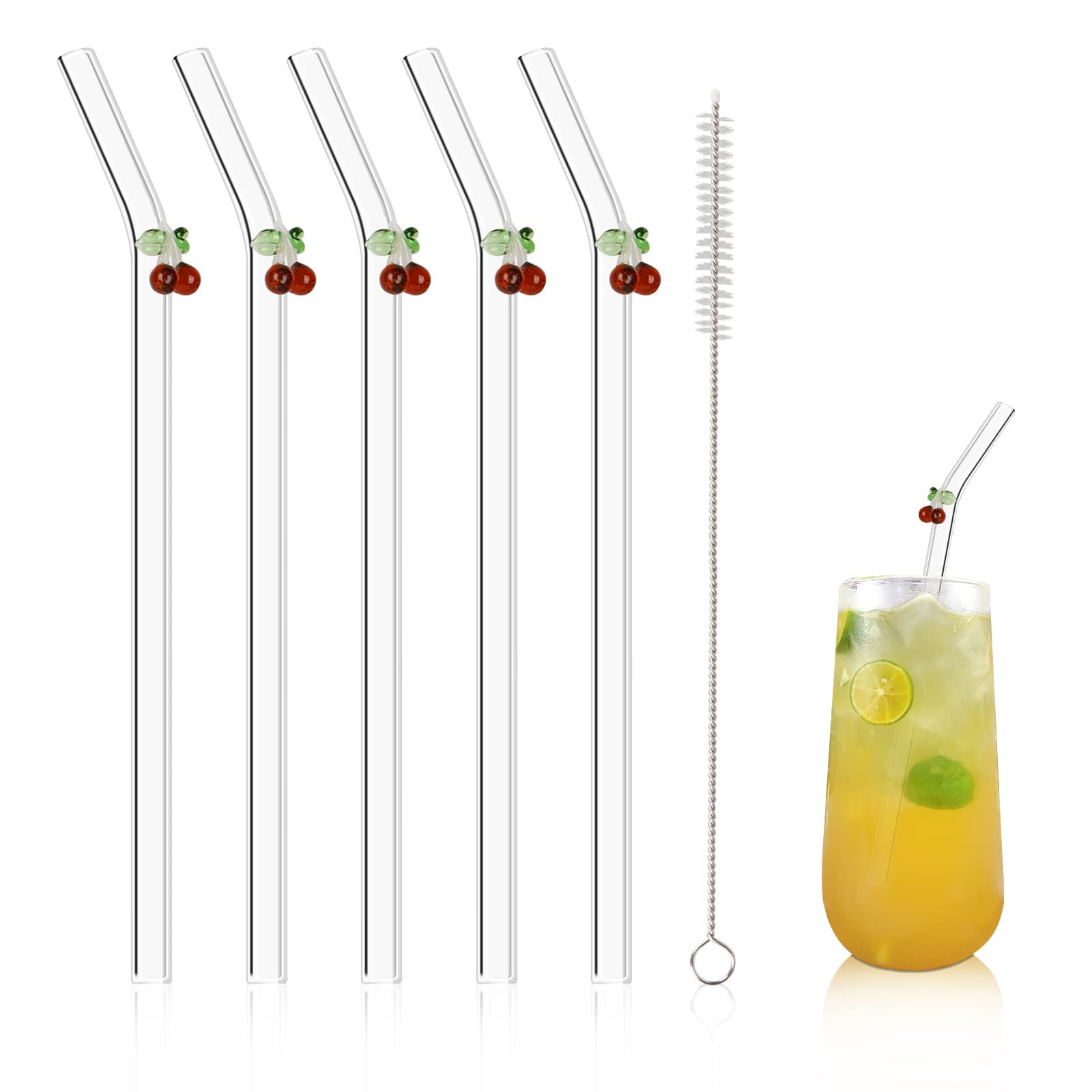 Olpchee 5 Pcs Reusable Straws Clear Glass Straws Colorful Cherry Design Size 7.8'' X 8Mm With 1 Cleaning Brush For Smoothies, Mi