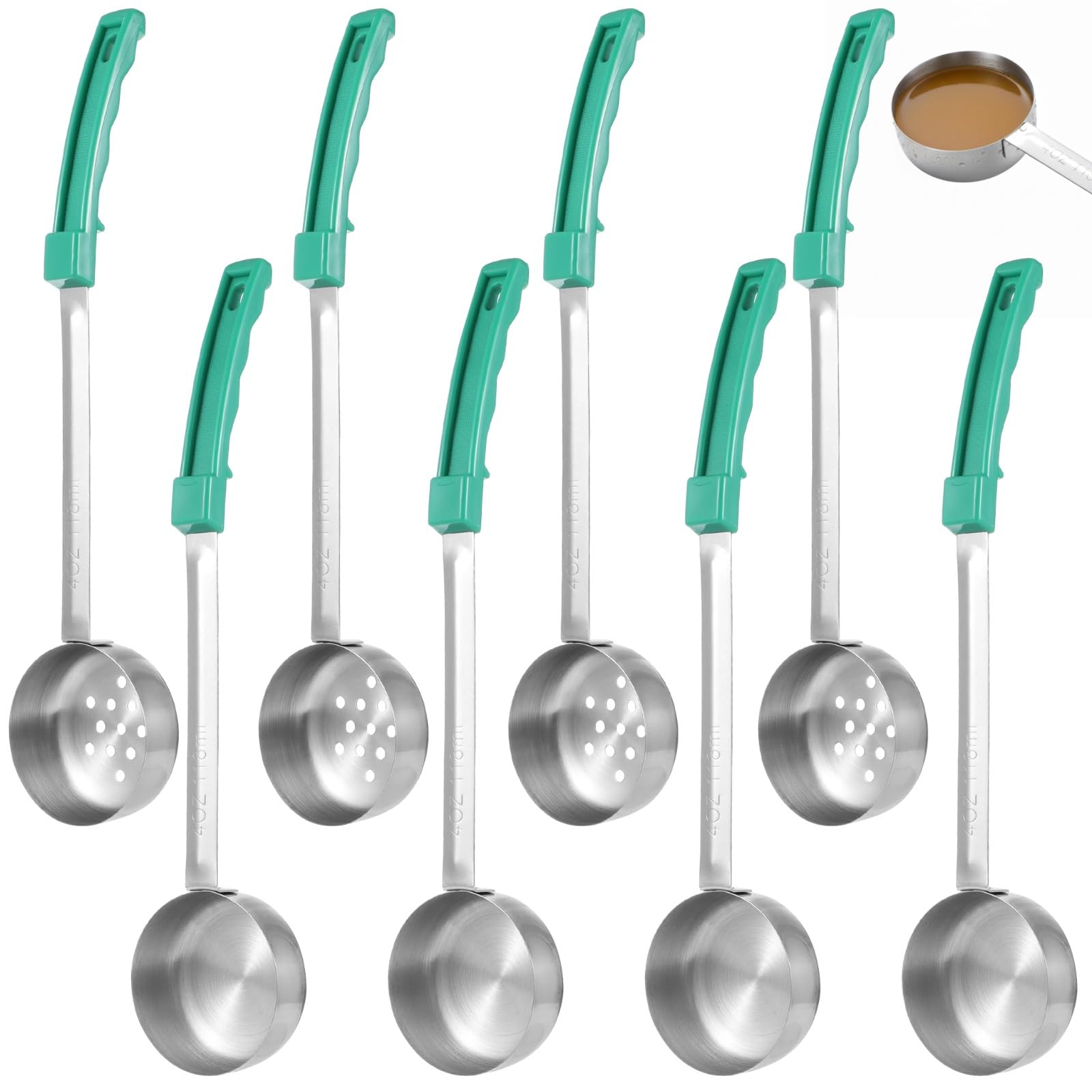8 Pcs Portion Control Serving Spoons, Including 4 Slotted & 4 Solid Ladles, 4 Oz Stainless Steel Spoons with NonSlip Plastic Ha