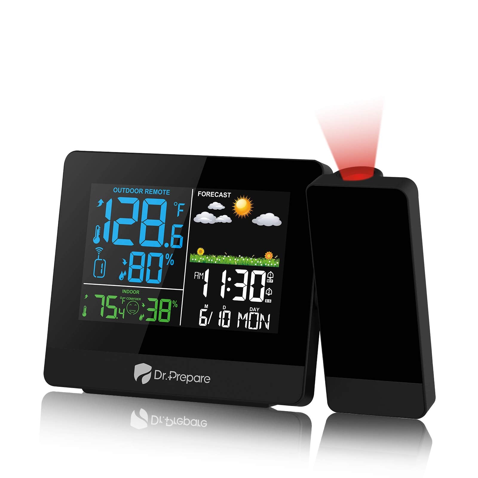 DR.PREPARE Projection Alarm Clock, Digital Clock Projector on Ceiling with Indoor/Outdoor Temperature Display, Dual Alarms, Colo