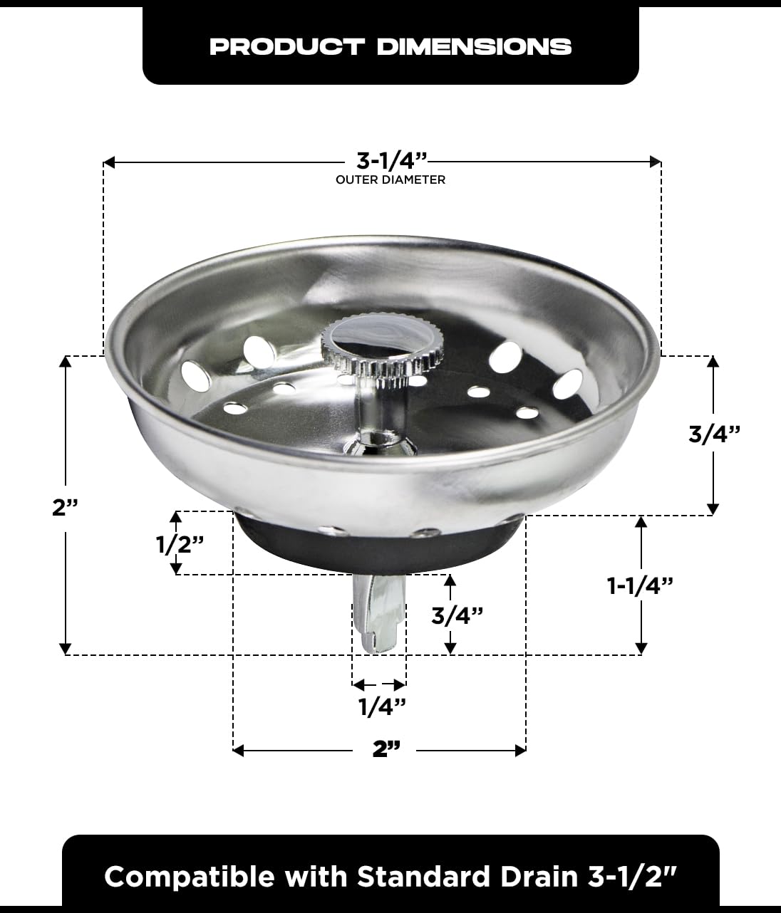 Highcraft 97333 Kitchen Sink Basket Strainer Replacement for Standard Drains (3.25 Inch) Chrome Plated Stainless Steel Body With Rubber Stopper  3.25''