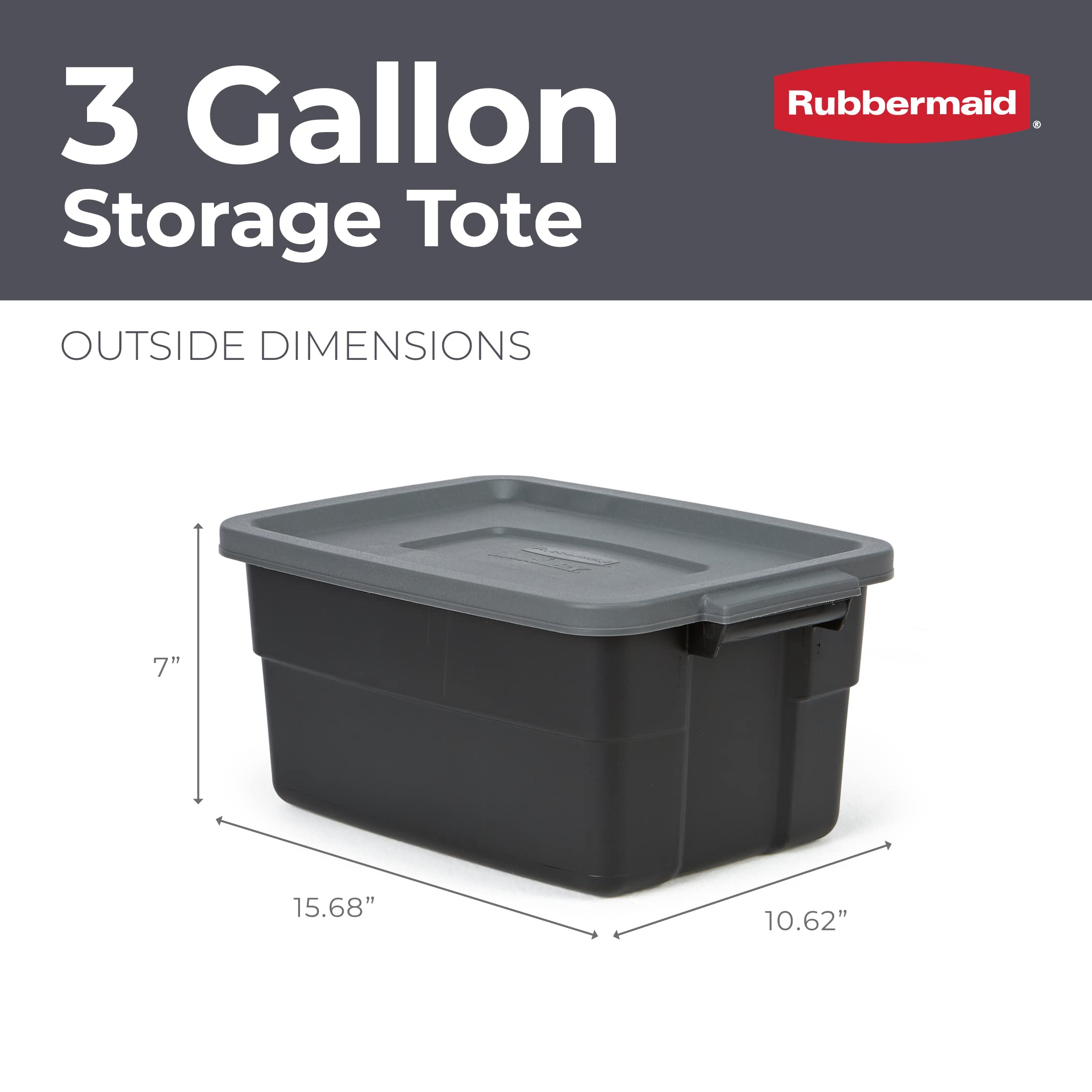Rubbermaid Roughneck Tote 3 Gal - 6 Pack Made In The Usa Black & Grey, Rugged Plastic Stackable Storage Tote With Lid And Handle