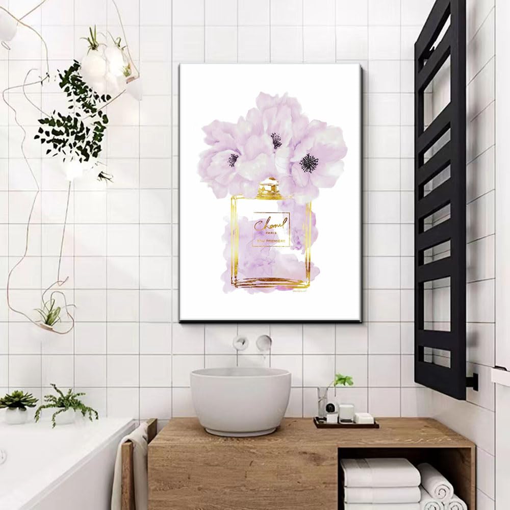 Wall Art Canvas Glam Perfume Pictures Wall Decor Purple And Gold Flowers Canvas Wall Art Girl Home Decor For Bedroom Wall Bathro