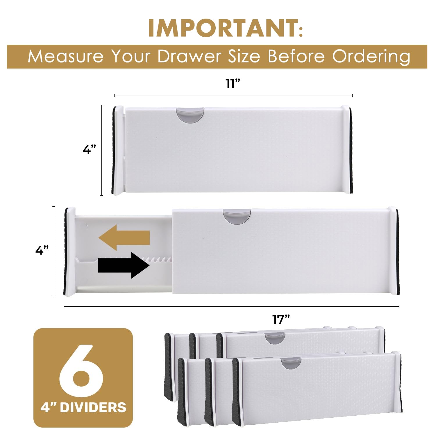 RAPTUROUS Adjustable Drawer Dividers 6 Pack, 4    High, 11-17    Long, Dresser Drawer Organizer for Bedroom, Closet, Kitchen, Nu