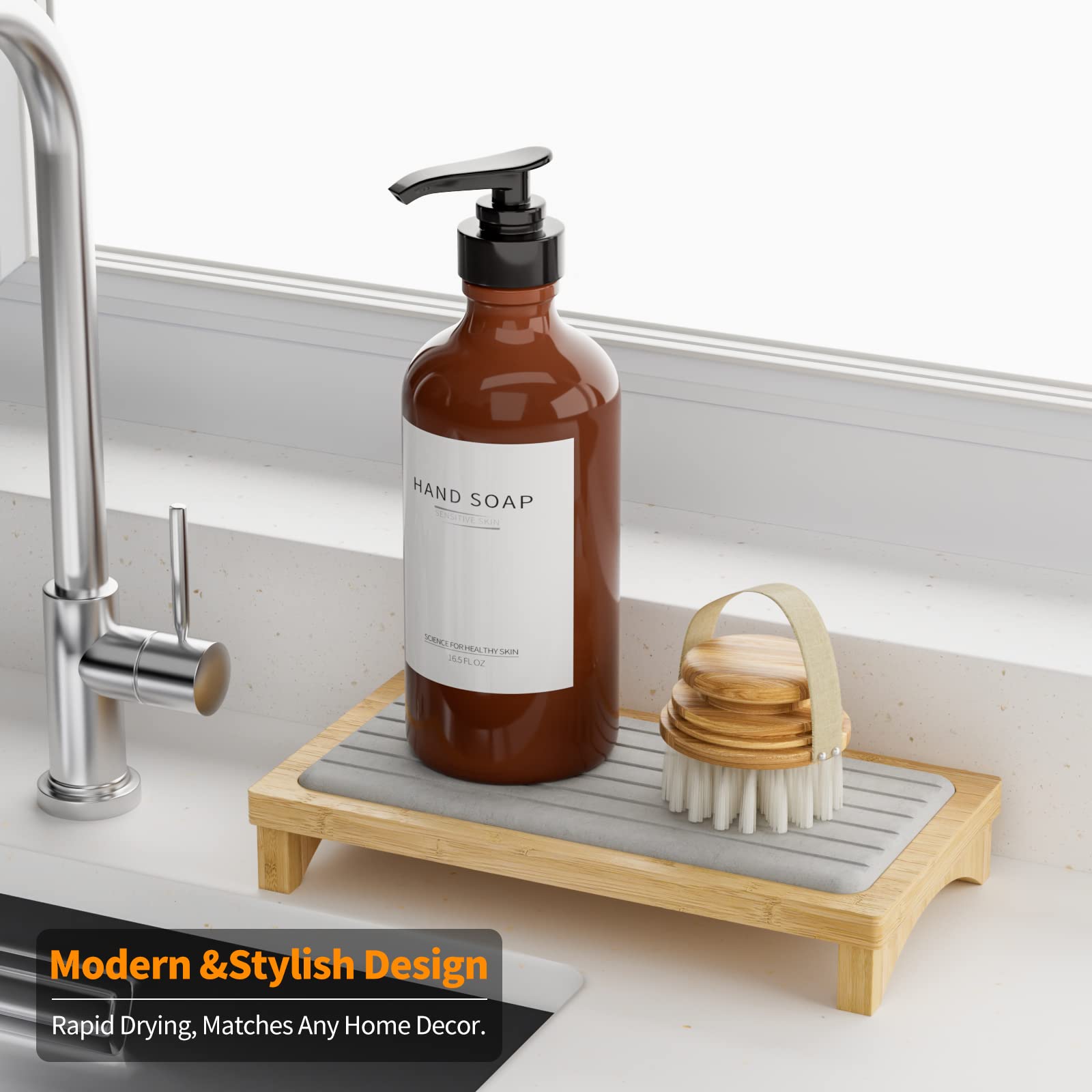 Jadairy Instant Dry Sink Caddy - Diatomite Stone Tray for Kitchen Counter, Bamboo, Model JAD-SC-01