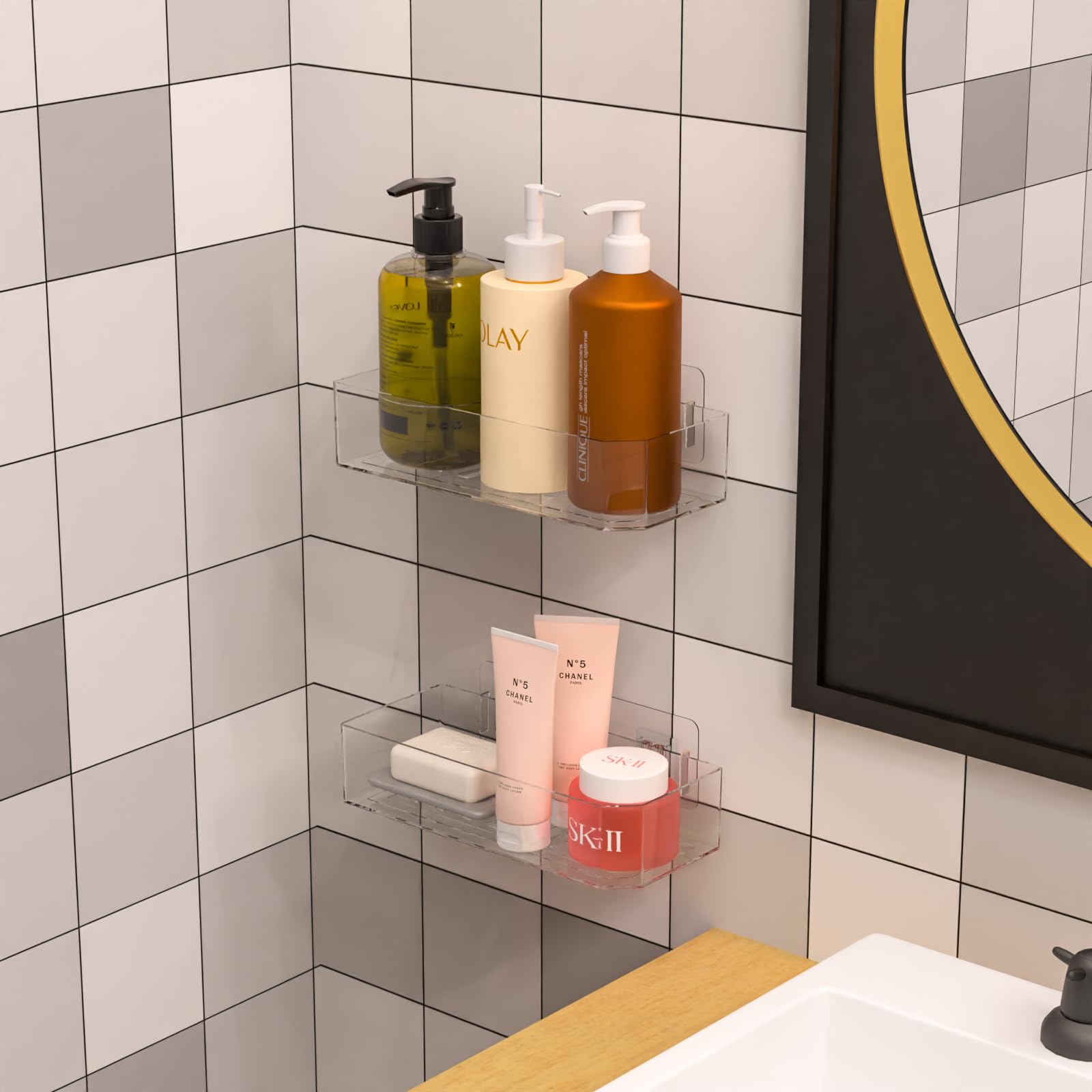 Cq acrylic Bathroom Shower Shelf Organizer Rack Adhesive Shower Organizer for Bathroom Storage&Home Decor&Kitchen Wall Shower Caddy Shelf Non Drilling Adhesive and No Damage Wall Mount 2 Pack Clear