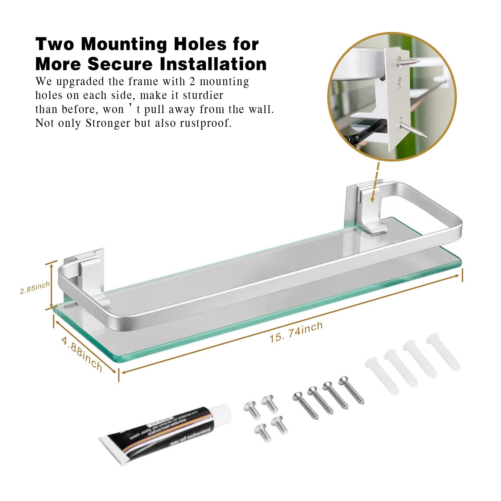 VOLPONE Glass Bathroom Shelf 15.7in Bathroom Shelf Wall Mounted Floating Glass Shelves with Towel Holder Glass Shower Shelf 2 Tier (Sliver)