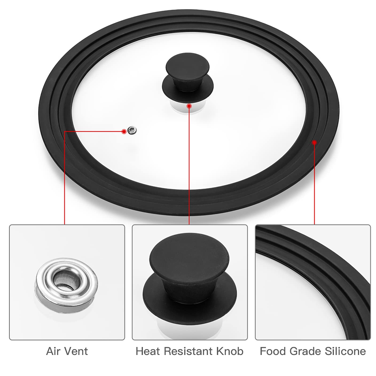 Universal Lid For Pots, Pans And Skillets Vented Tempered Glass With Heat Resistant Silicone Rim, Fits 8 Inch, 8.5 Inch, 9.5 Inc