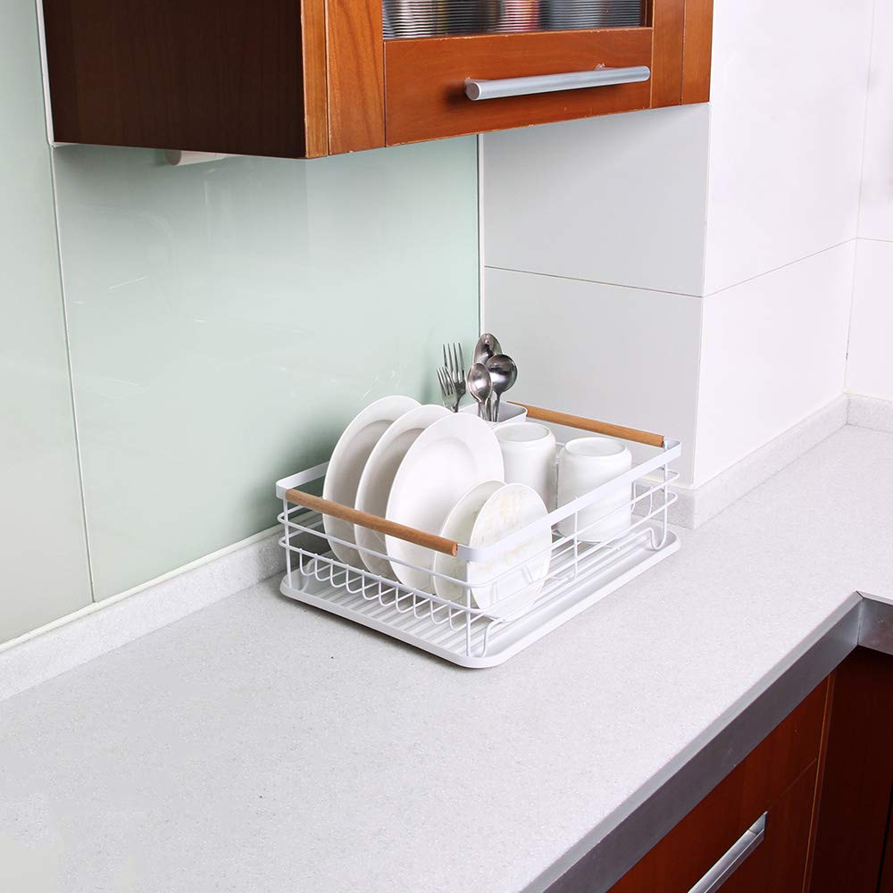 Attom Tech Home Modern Wood Handle Dish Rack And Drain Board, 16.5'' X 12'' X 5.5'' Kitchen Plate Cup Dish Drying Rack Tray Cutl