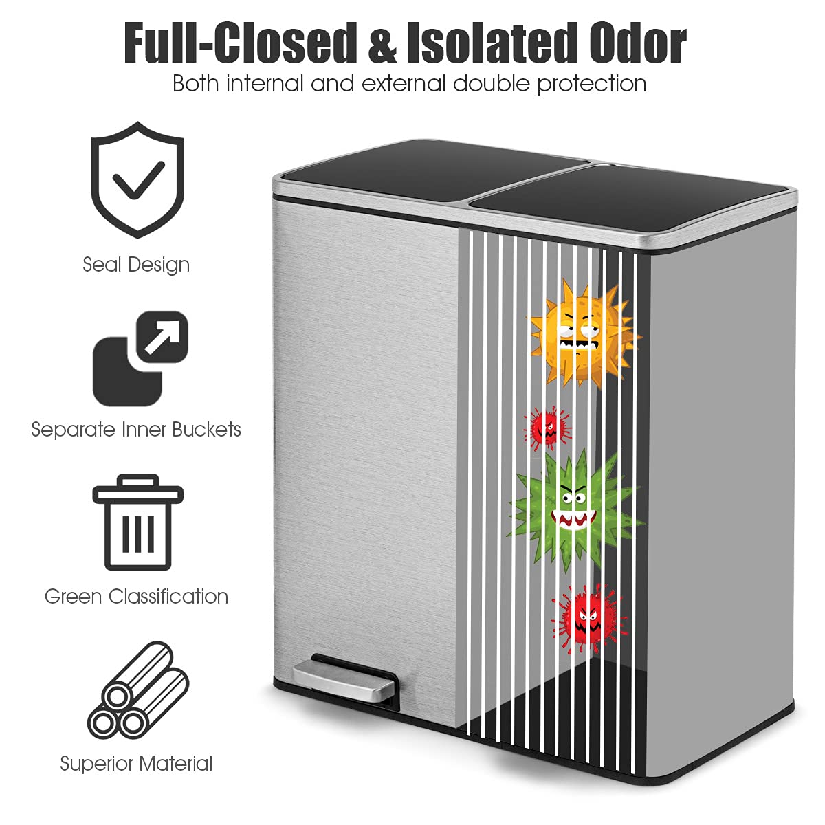 Tangzon 2X30L Recycling Pedal Bin, Double Kitchen Waste Bin With Plastic Inner Buckets & 1/2Handles, Fingerprint Proof Airtight