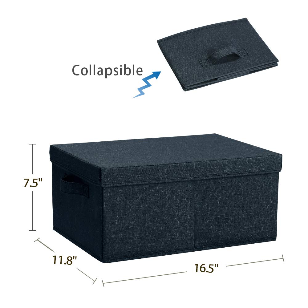 HOONEX Linen Foldable Storage Bins with Lids  2 Pack  Storage Boxes with Carrying Handles and Study Heavy Cardboard  16.5'' L x 11.8'' W x 7.5'' H for Toy  Shoes  Books  Clothes  Nursery  Dark Grey