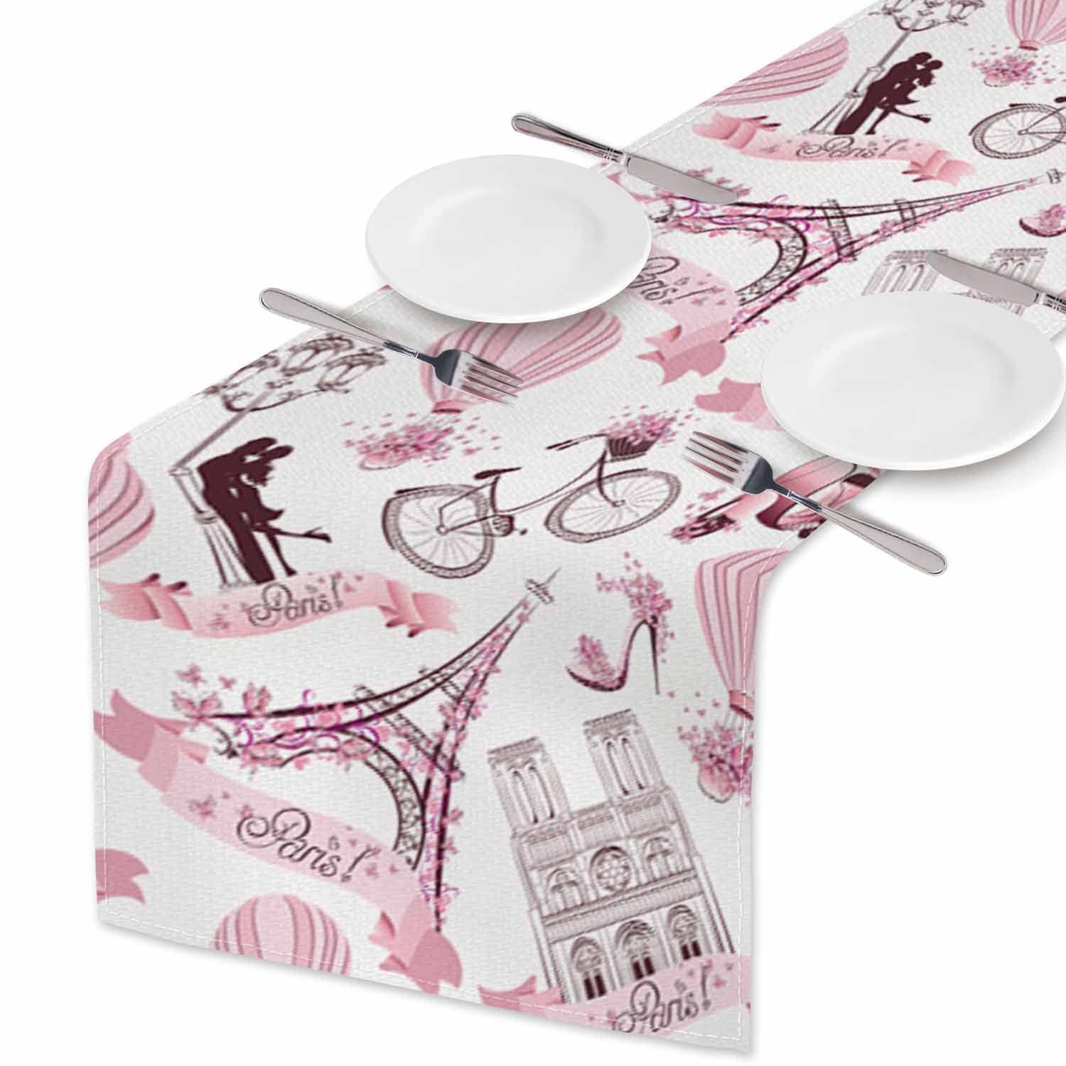 HOSNYE Table Runner Pink Romantic Travel in Paris Cotton Linen Table Runner Decoration for Kitchen Family Dinner Table Holiday Party Farmhouse Style 13 x 72 Inch