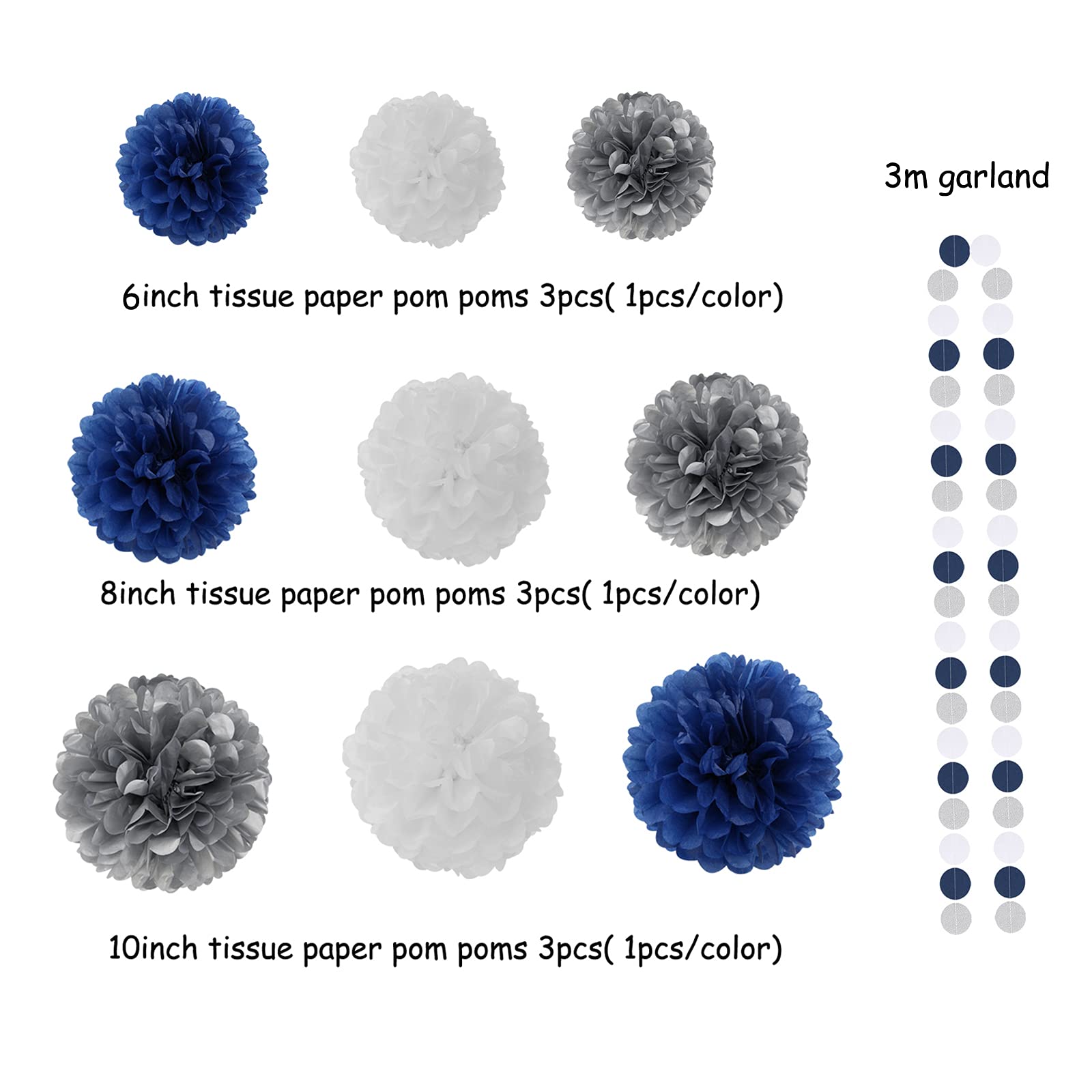 Navy-blue Silver Men-boys Birthday Decorations - 27pcs Party Kits Happy Birthday Banner Flags 40th 50th Birthday Decor Tissue Paper Pom Poms Tassel Streamers Garland Party supplies Lasting Surprise