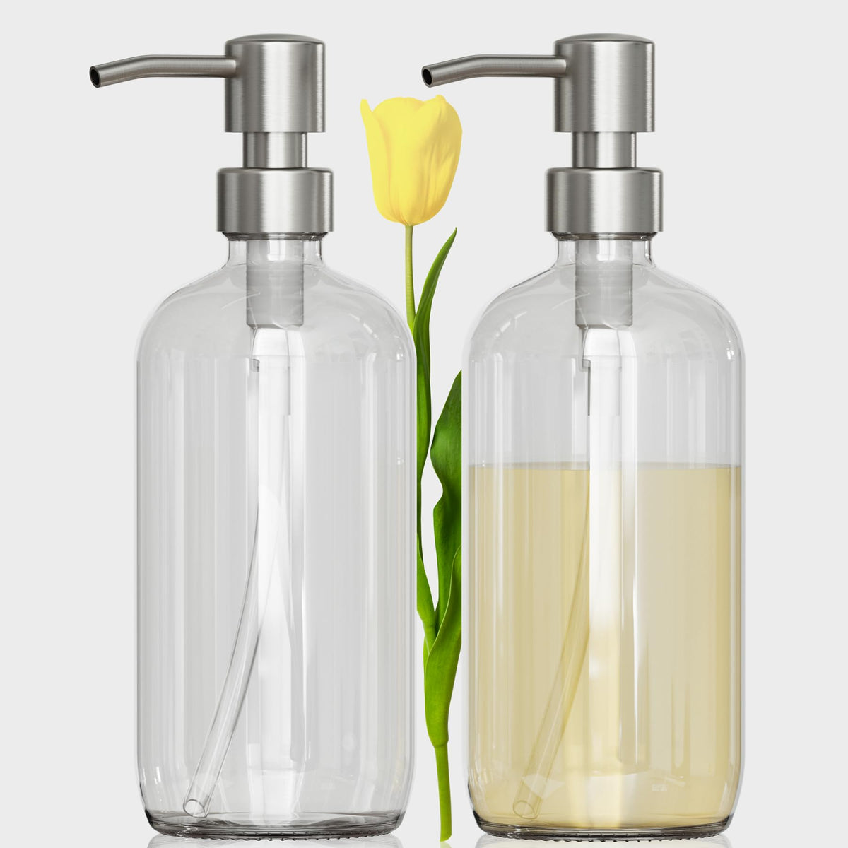 Amazerbath Amber Glass Soap Dispenser, 2 Pack Thick Amber Pint Jar Bottle With Black Pump Stainless Steel, 17 Oz Bathroom Hand S
