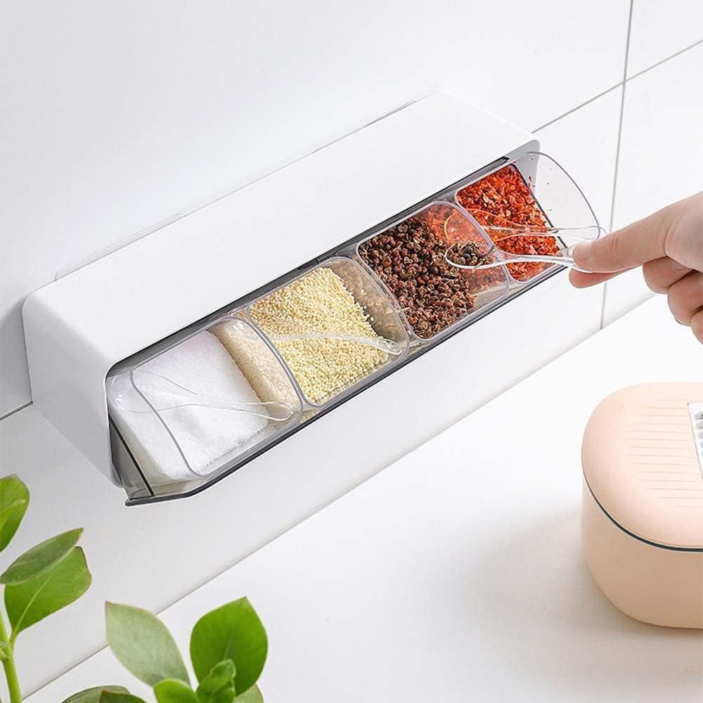 Kitchen Wall Spice Mounted Spice Storage Box With Spoon For Kitchen, Multipurpose Self Adhesive Seasoning Masala Spice Rack Shel
