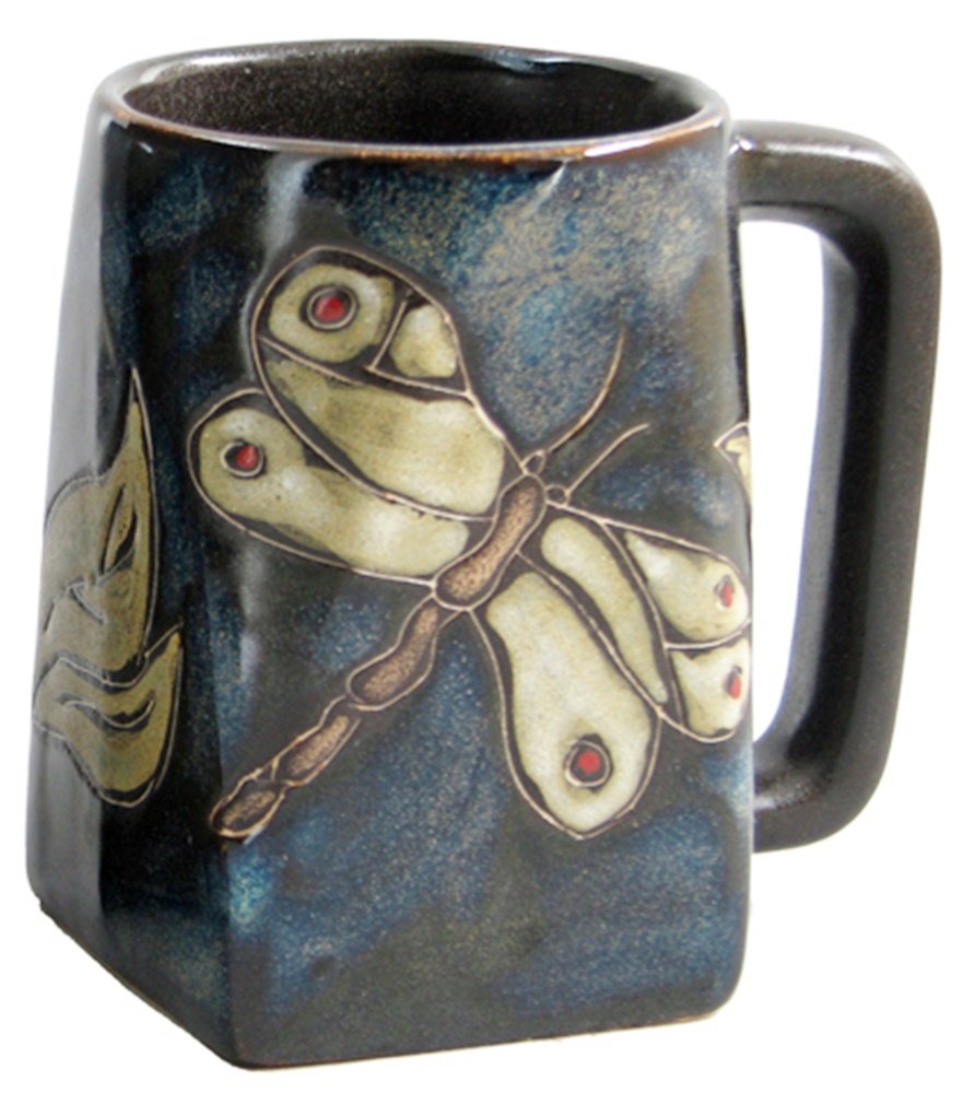 One (1) MARA STONEWARE COLLECTION  12 Ounce Coffee or Tea Cup Collectible Square Bottom Mug  Dragonfly/Insects Design