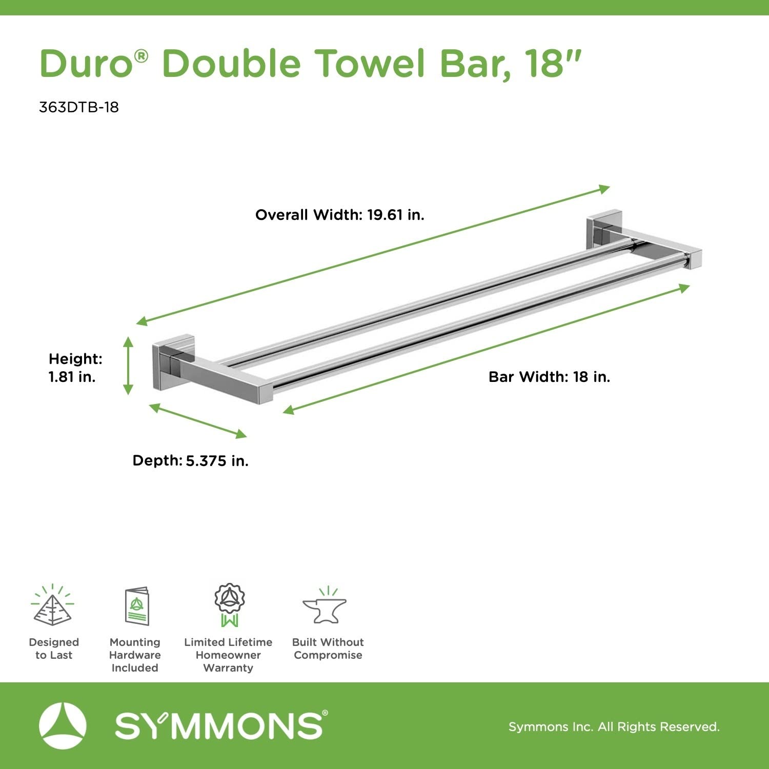 Symmons 363Dtb-18 Duro 18 In. Wall-Mounted Double Towel Bar In Polished Chrome